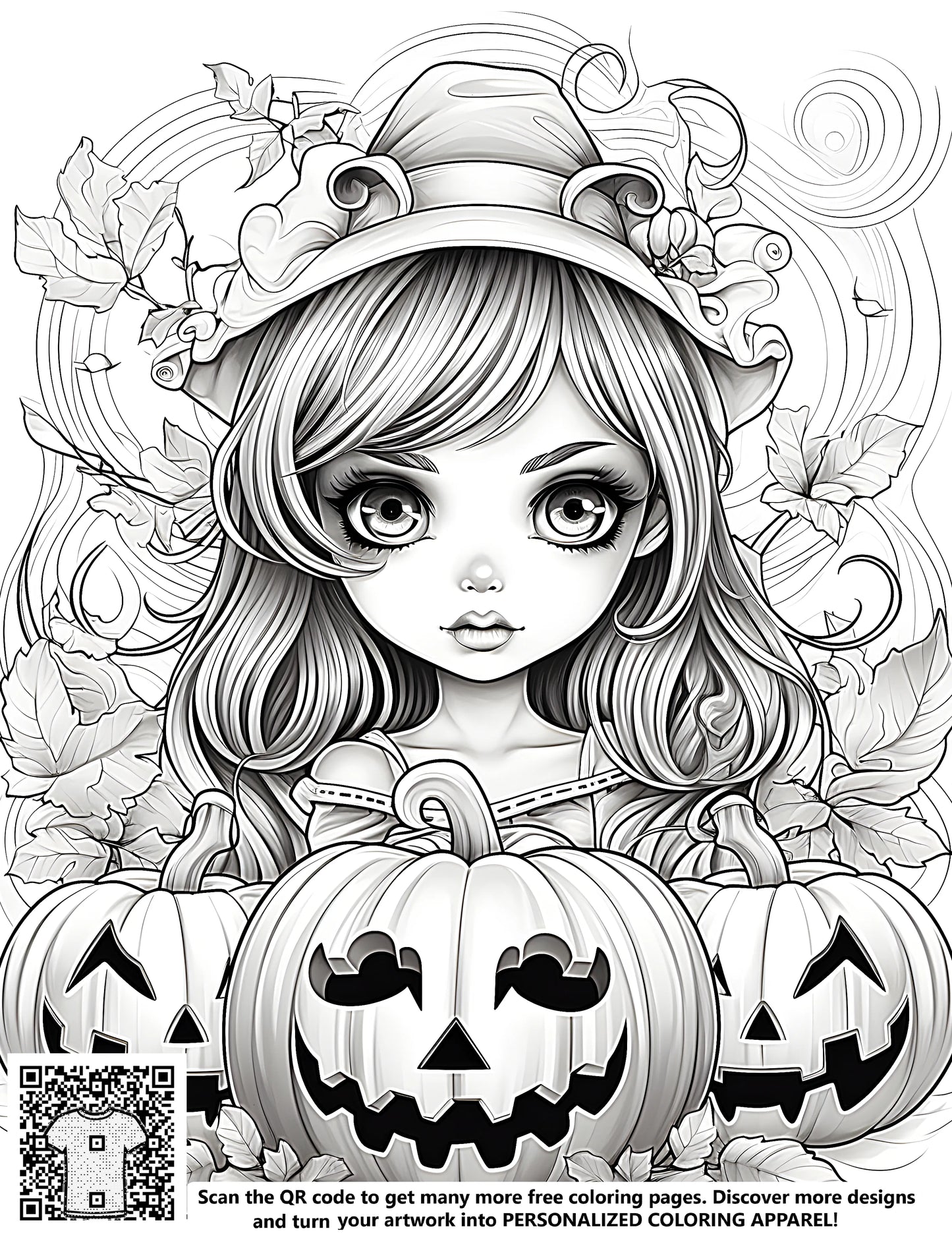 Coloring page of young witch surrounded by jack-o-lanterns and autumn leaves. Halloween themed free coloring page.