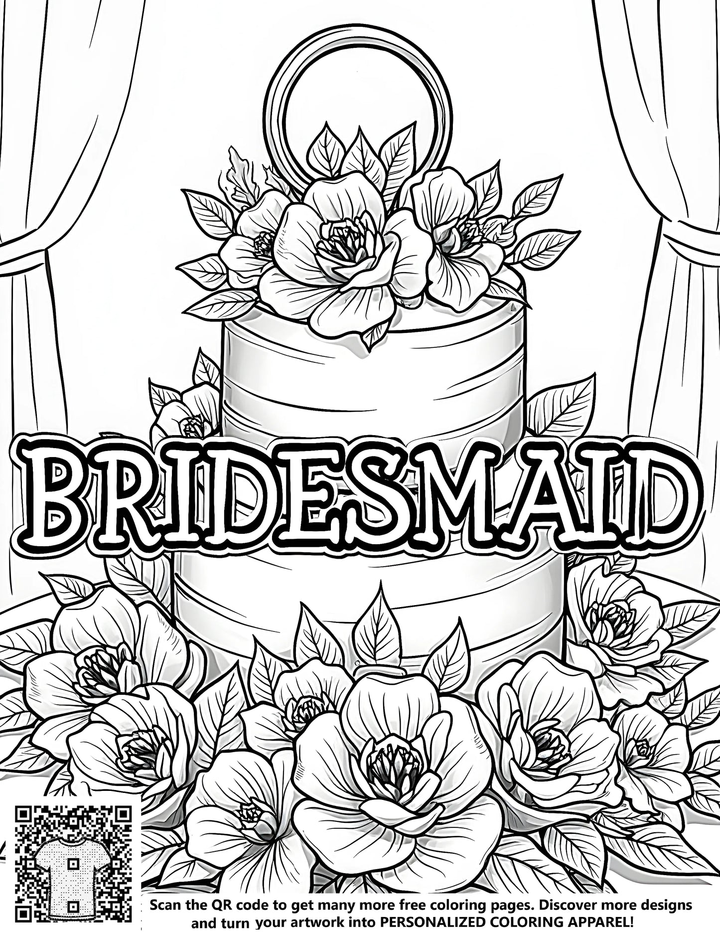 A free coloring page featuring an illustration of a wedding cake adorned with flowers and 'BRIDESMAID' written prominently. Perfect for a bride's maid of honor, bridesmaids, or wedding party