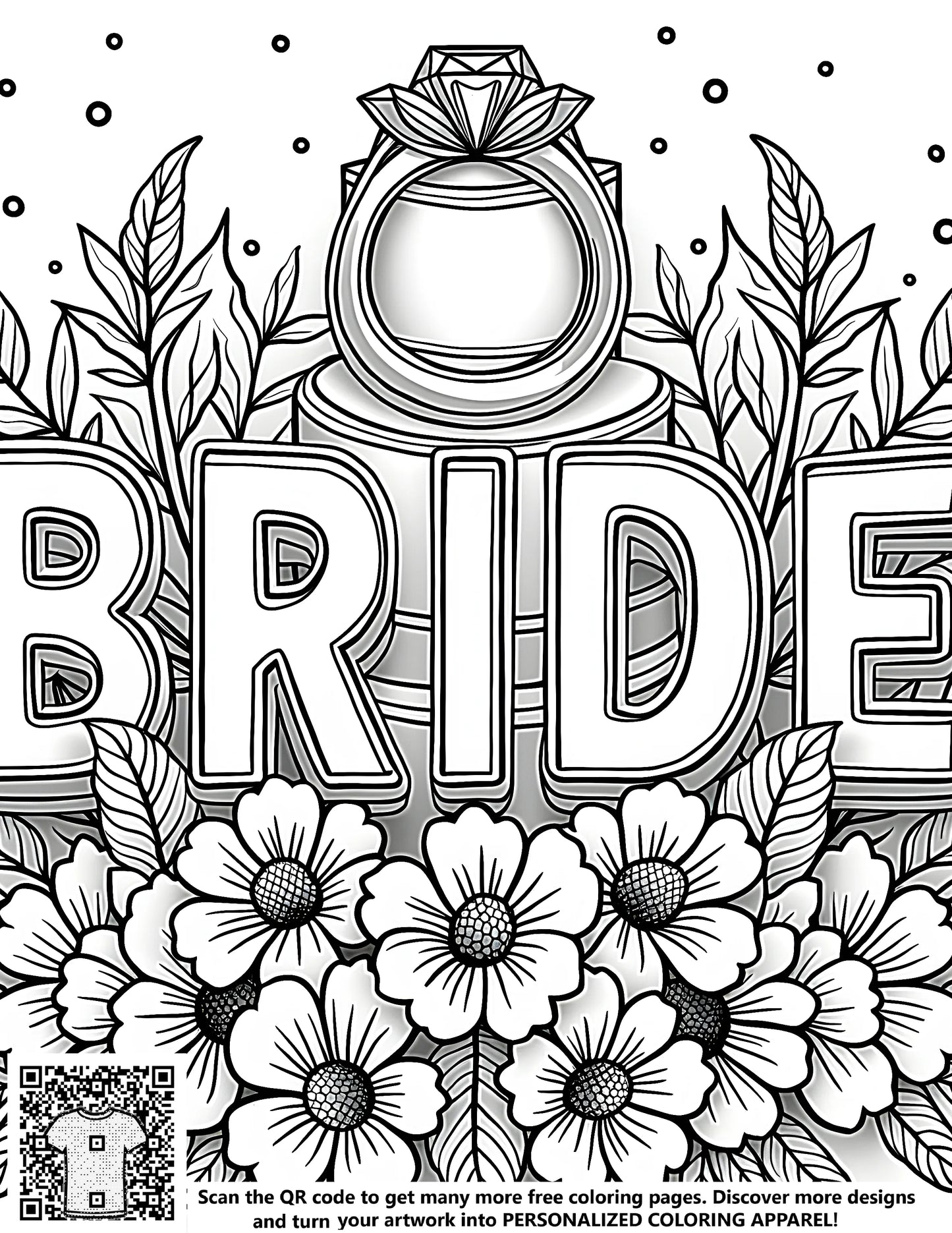 Wedding coloring page, bride illustration, free coloring book design featuring flowers, leaves and ring