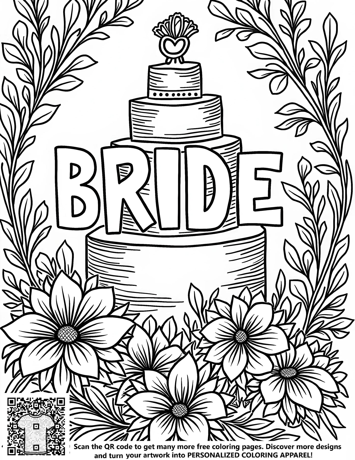 A beautiful wedding-themed coloring page of a bride and cake illustration, perfect for coloring and decoration.