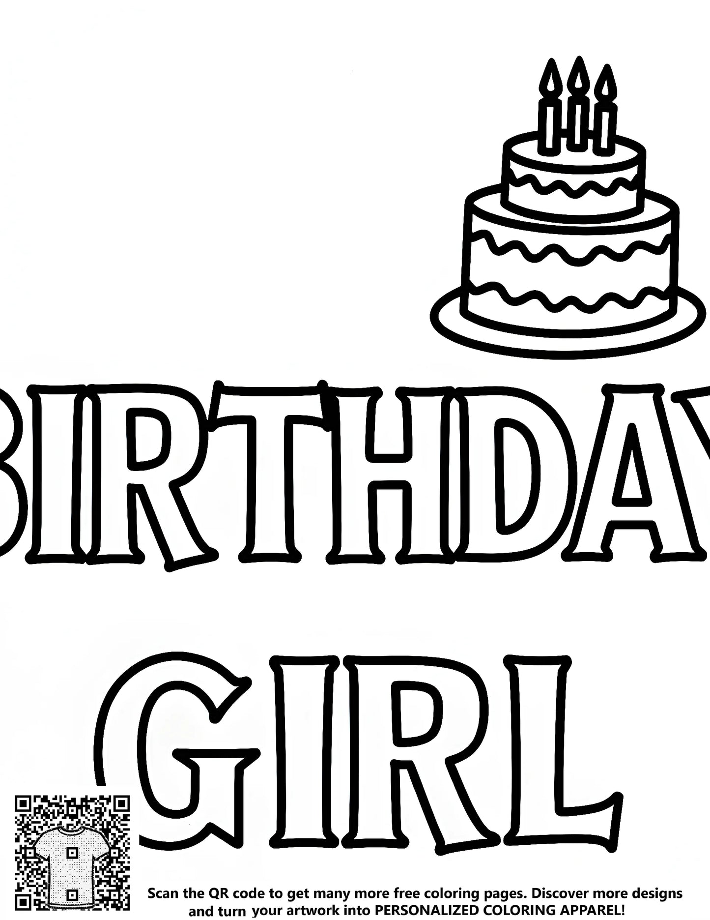 Birthday Girl coloring page free printable, 'Happy Birthday' themed illustrations for kids