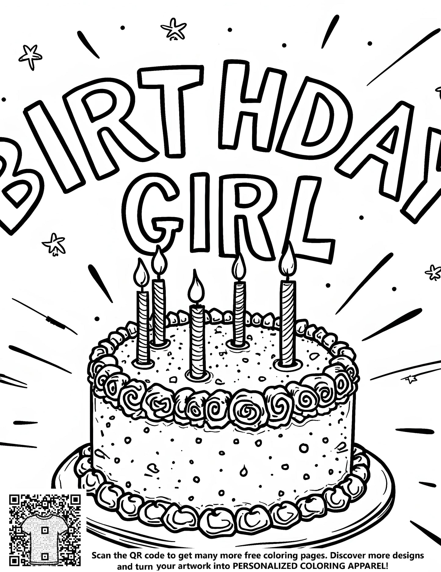 Coloring page birthday cake illustration with candles, stars and 'Birthday Girl' written above