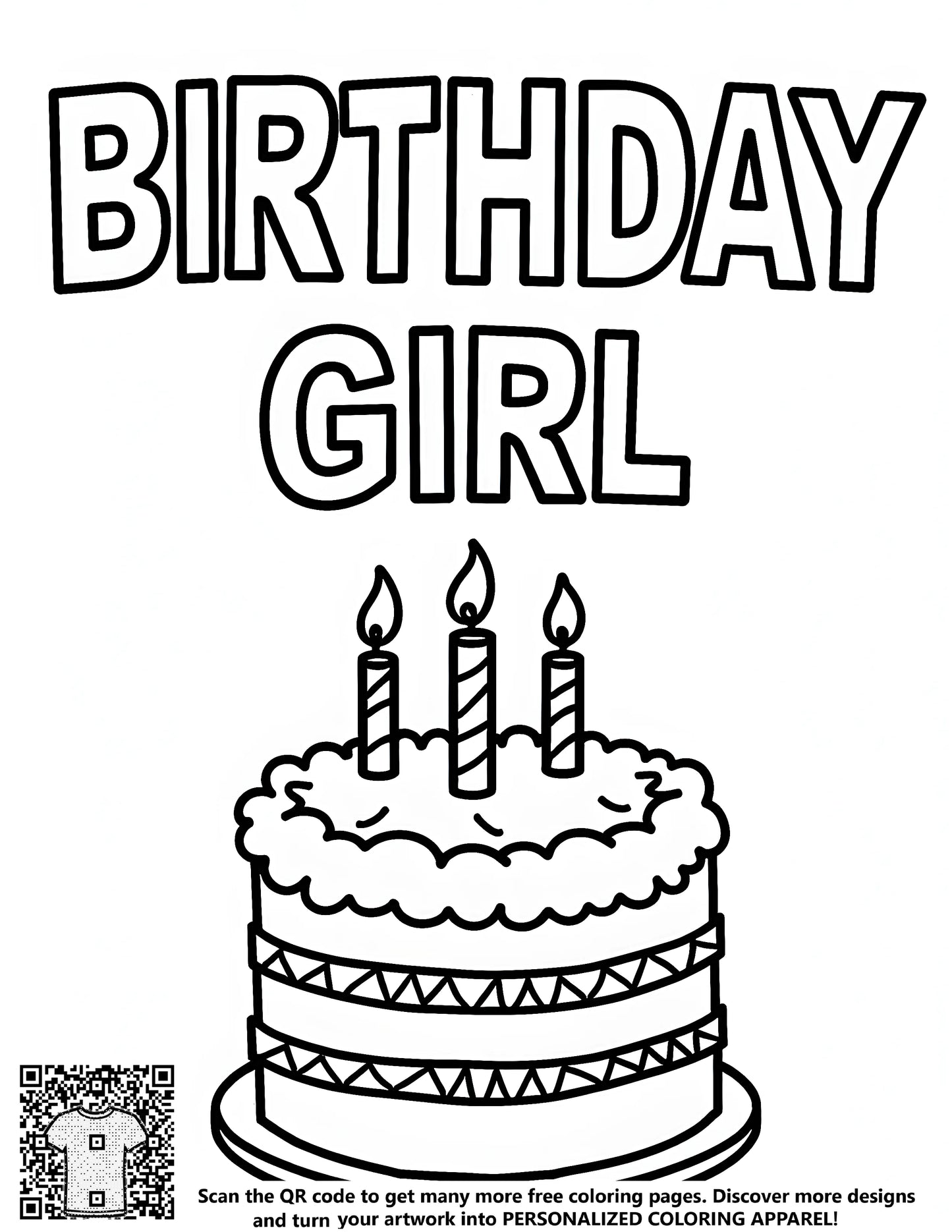 Birthday girl coloring page illustration, Simple line drawing of a birthday cake with three candles and 'BIRTHDAY GIRL' text above, Free Coloring Page design with Fabric Markers included