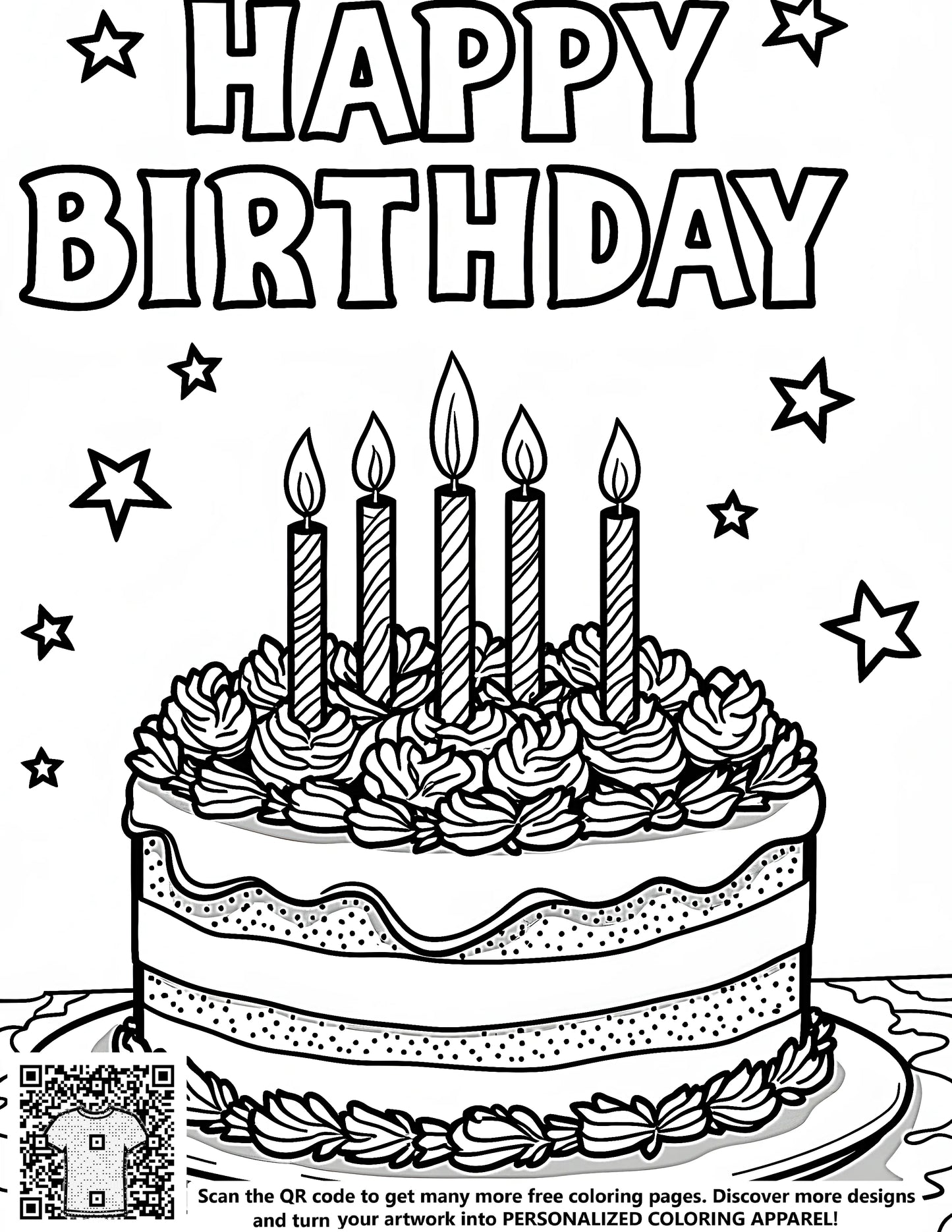 Coloring page with birthday cake design, featuring six candles and 'Happy Birthday' text
