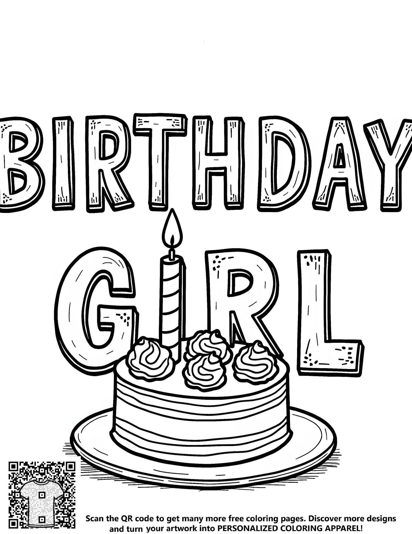 Coloring pages for kids, free printable coloring book pages, girl birthday theme, free coloring page with birthday cake and candle, illustrations for children's party decorations