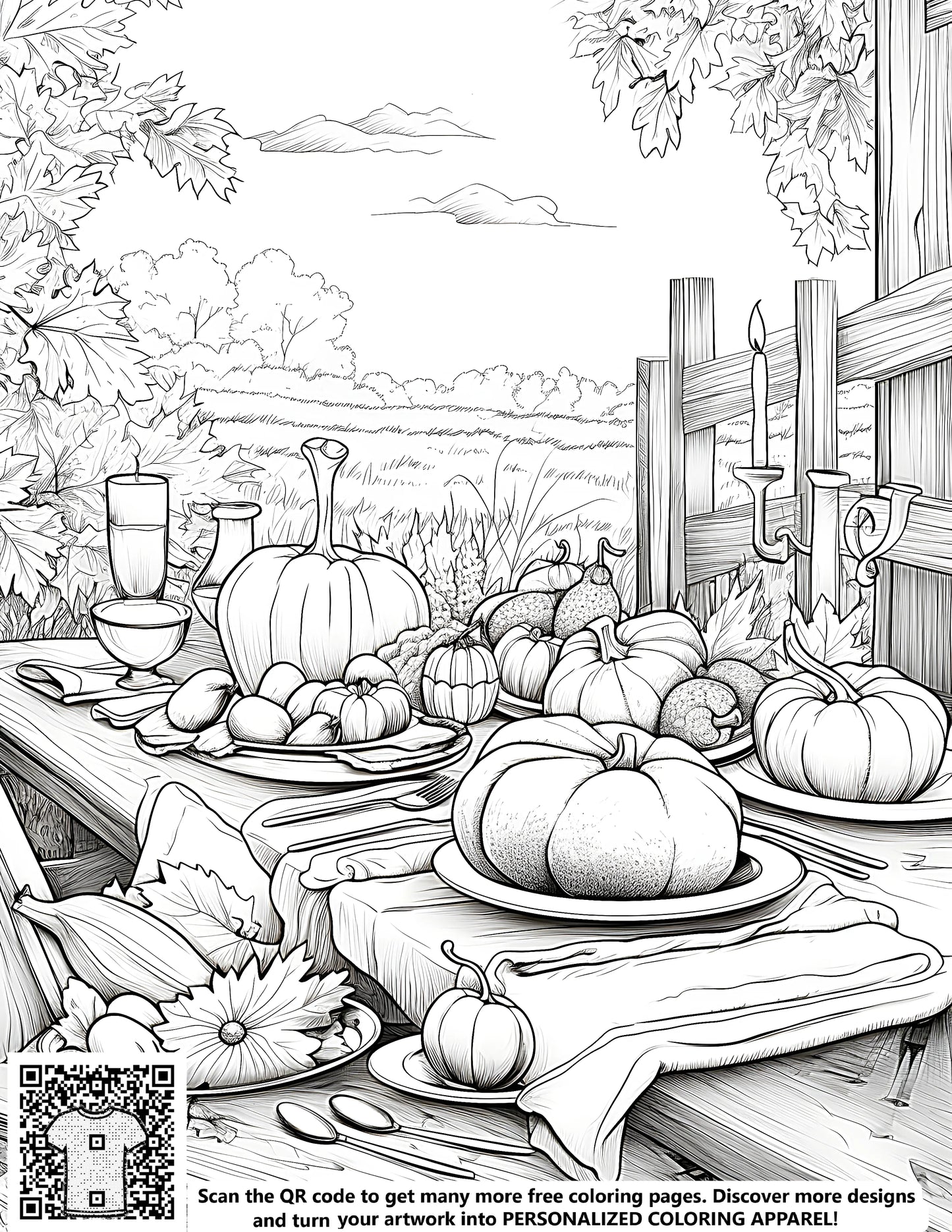 Autumn scene coloring page with pumpkins and fall leaves - Free printable art for kids