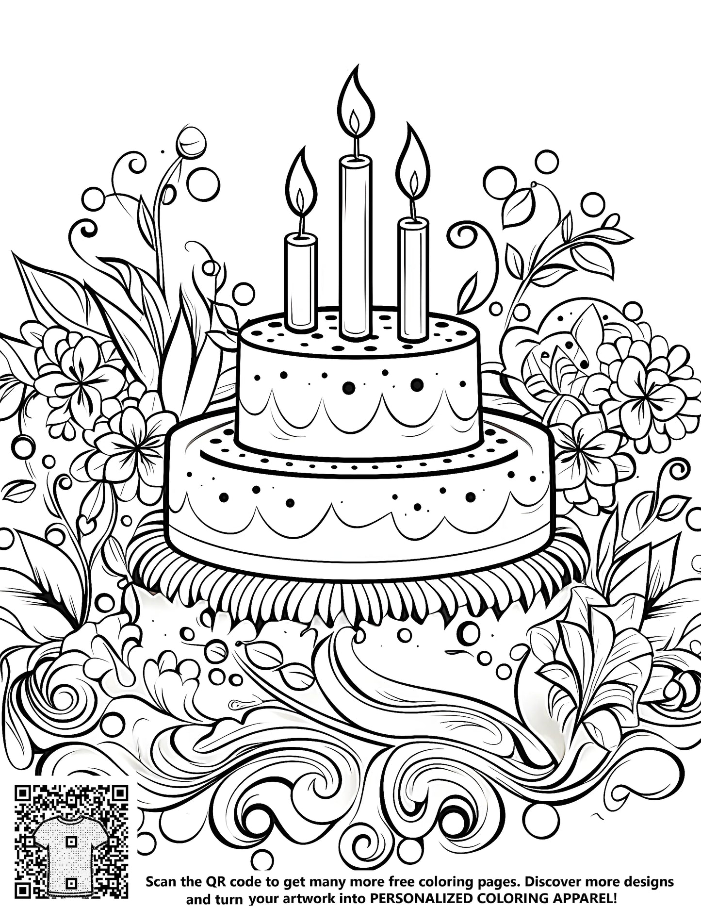 Birthday cake coloring page, free adult coloring book art for stress relief and relaxation, gift idea for kids
