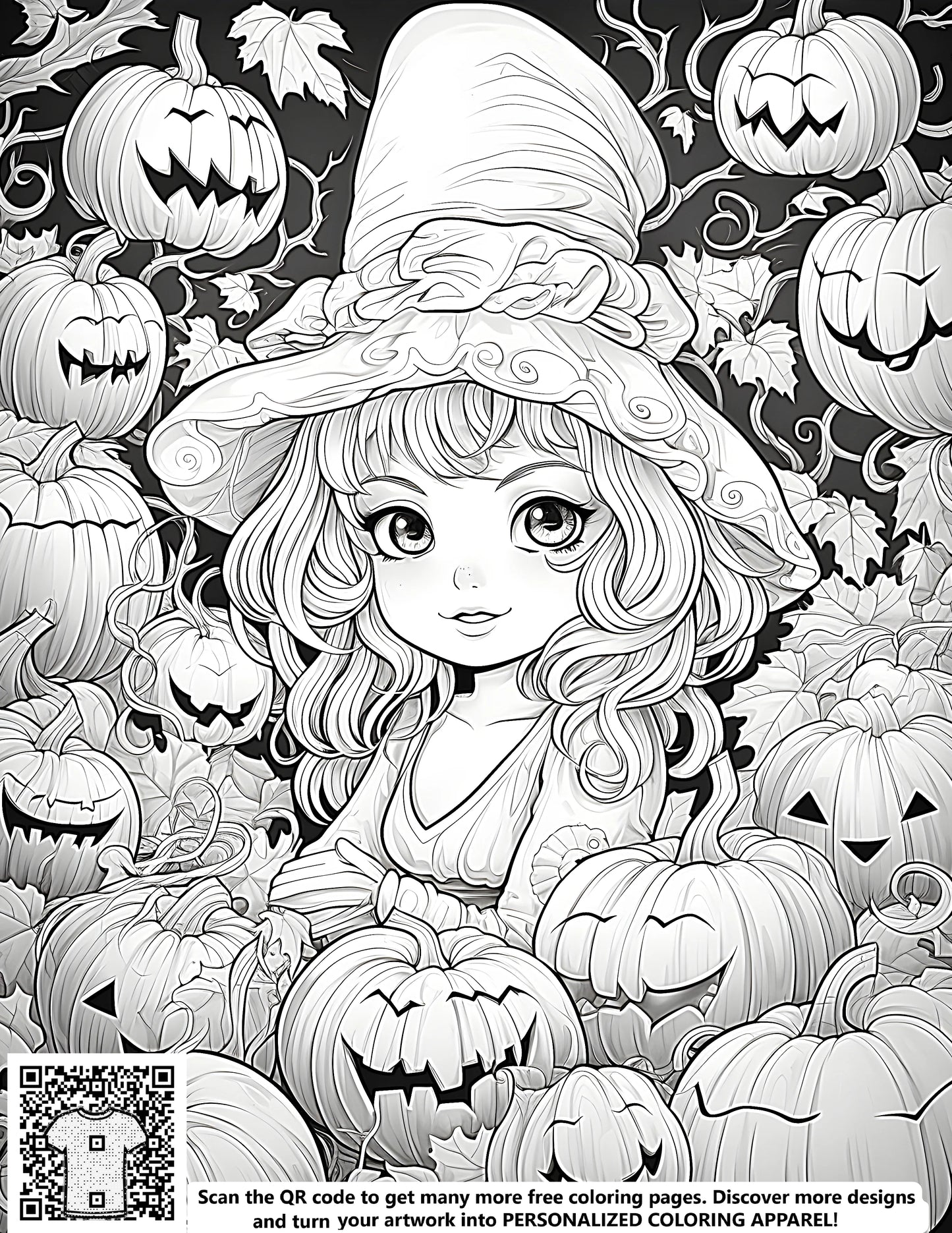 A young girl's coloring page of a witch surrounded by carved halloween pumpkins