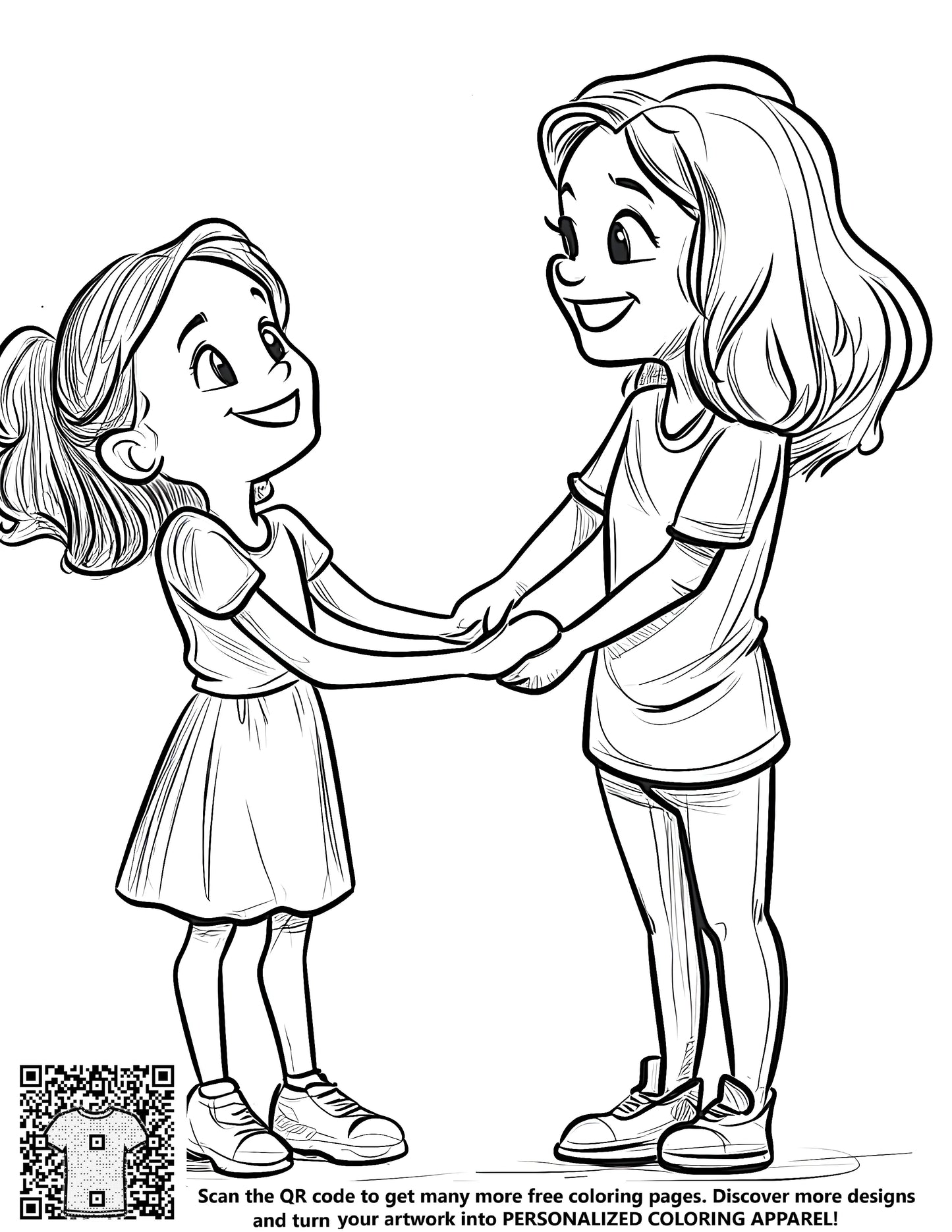 Girls Holding Hands Colorful Cartoon Illustration