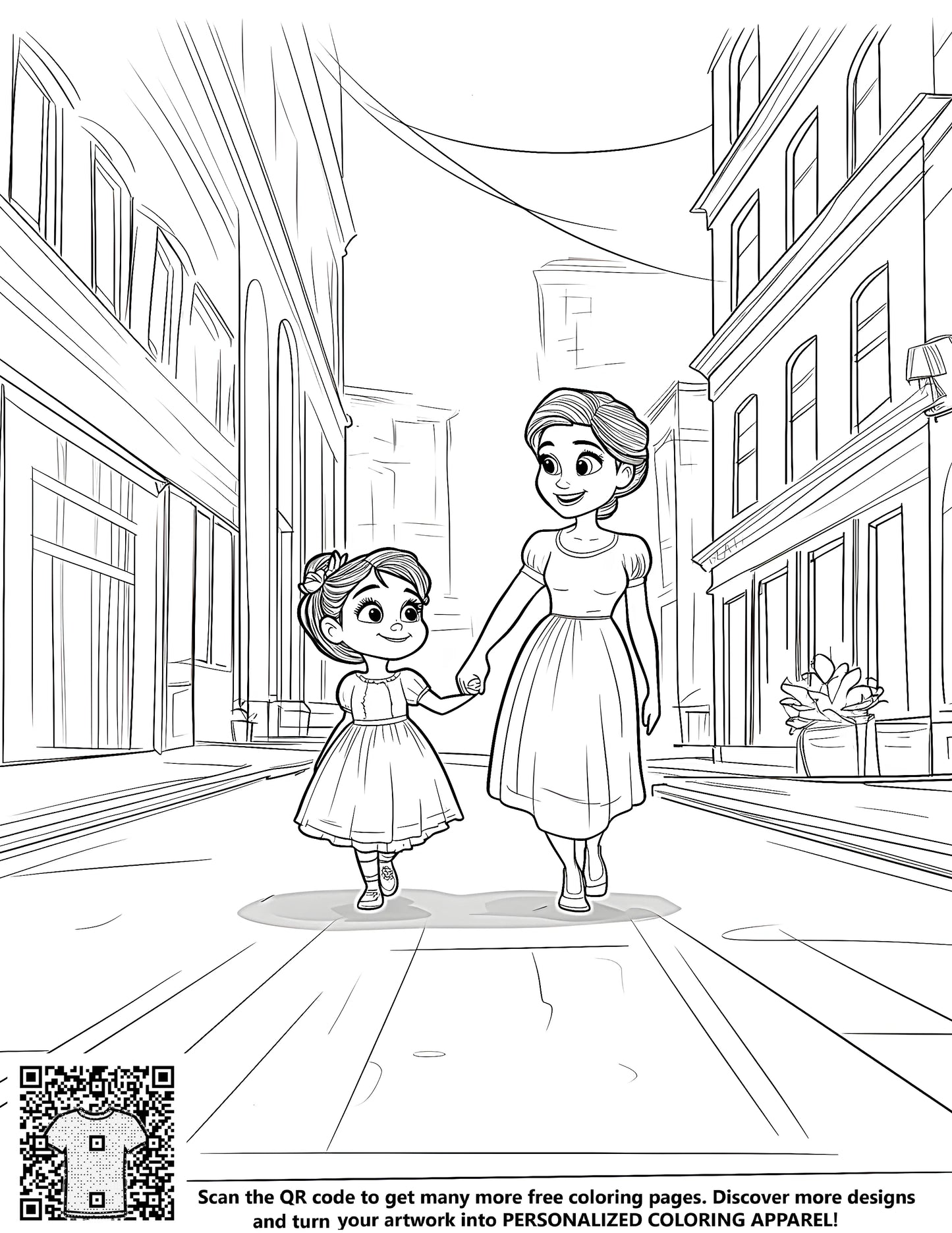 Free coloring page kit with outline drawing of mom and daughter, mom and kid, mother and child, girl and mom, daughter and mommy walking hand in hand on city street