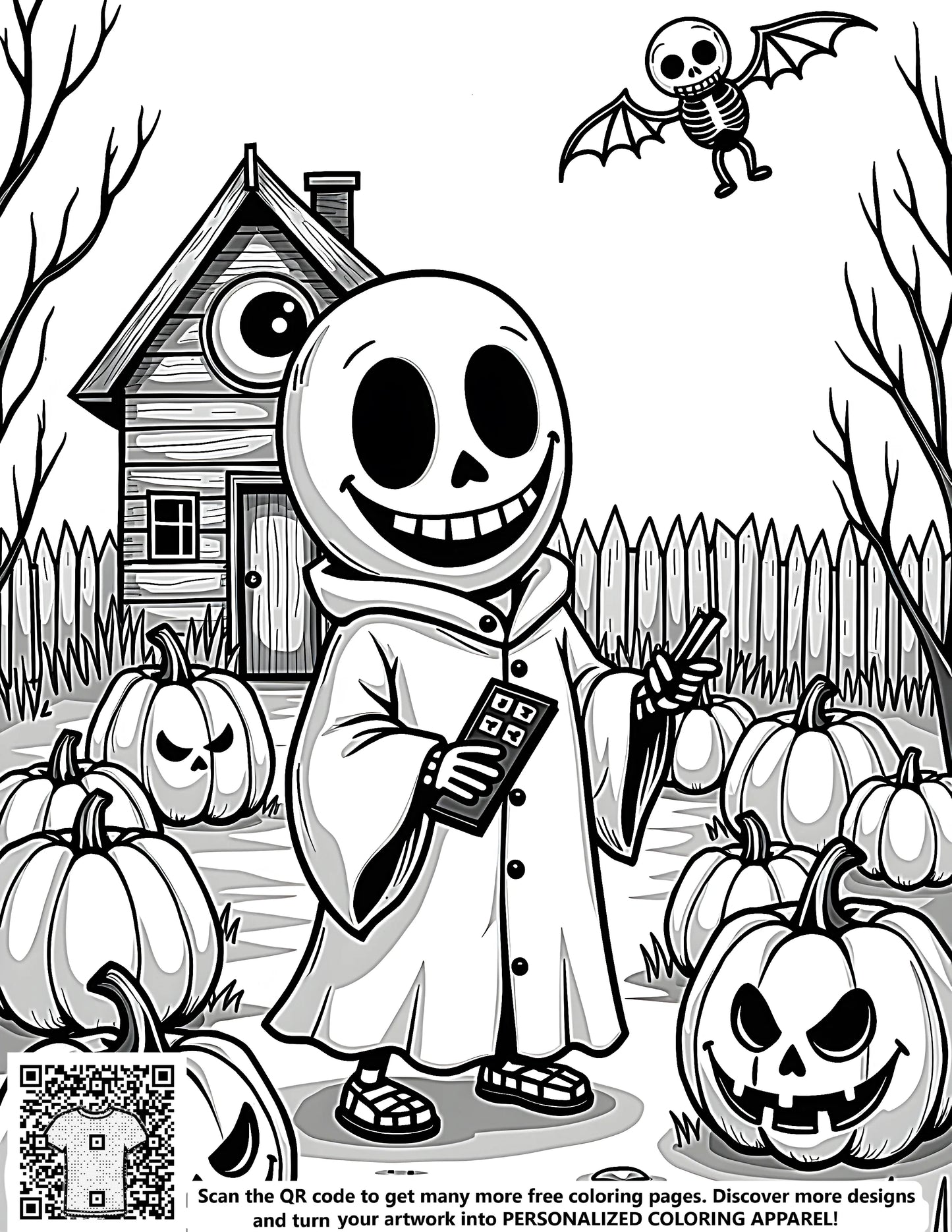 Free spooky coloring page printable art illustration Halloween themed