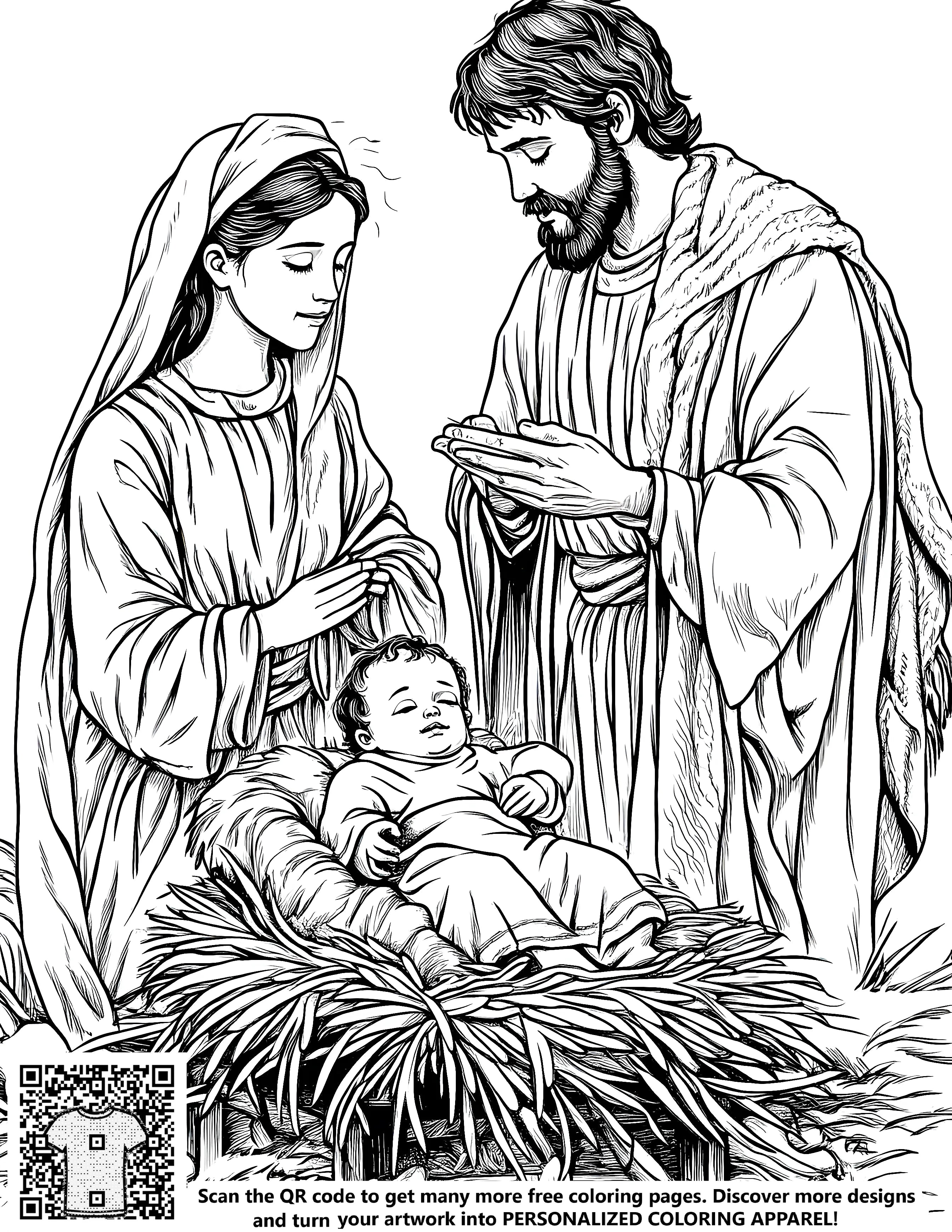 FREE Nativity Scene Coloring Page Download - Mary, Joseph, and Baby Je