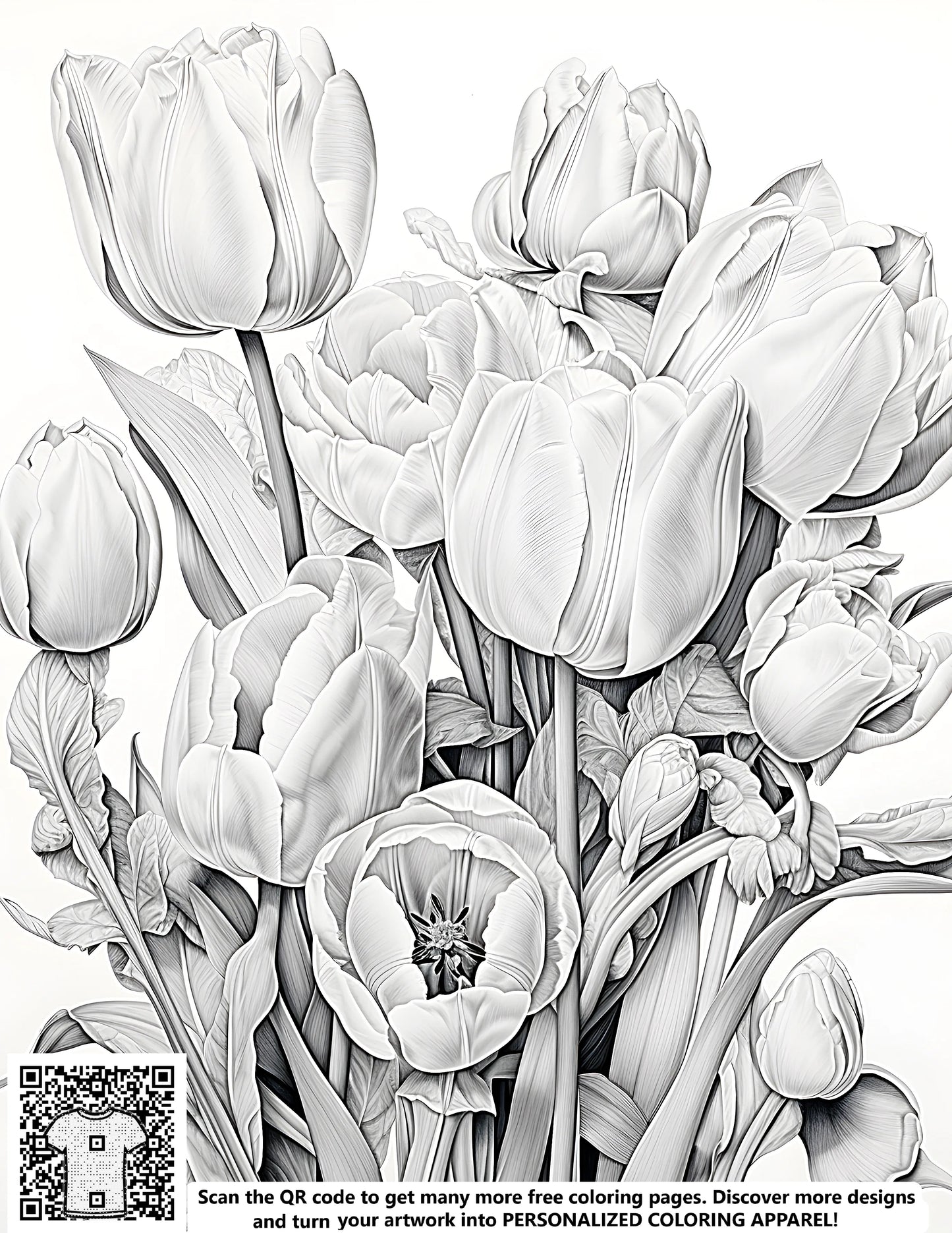 Blooming flowers, colorful markers, free coloring page illustration of tulip designs, kids art supplies