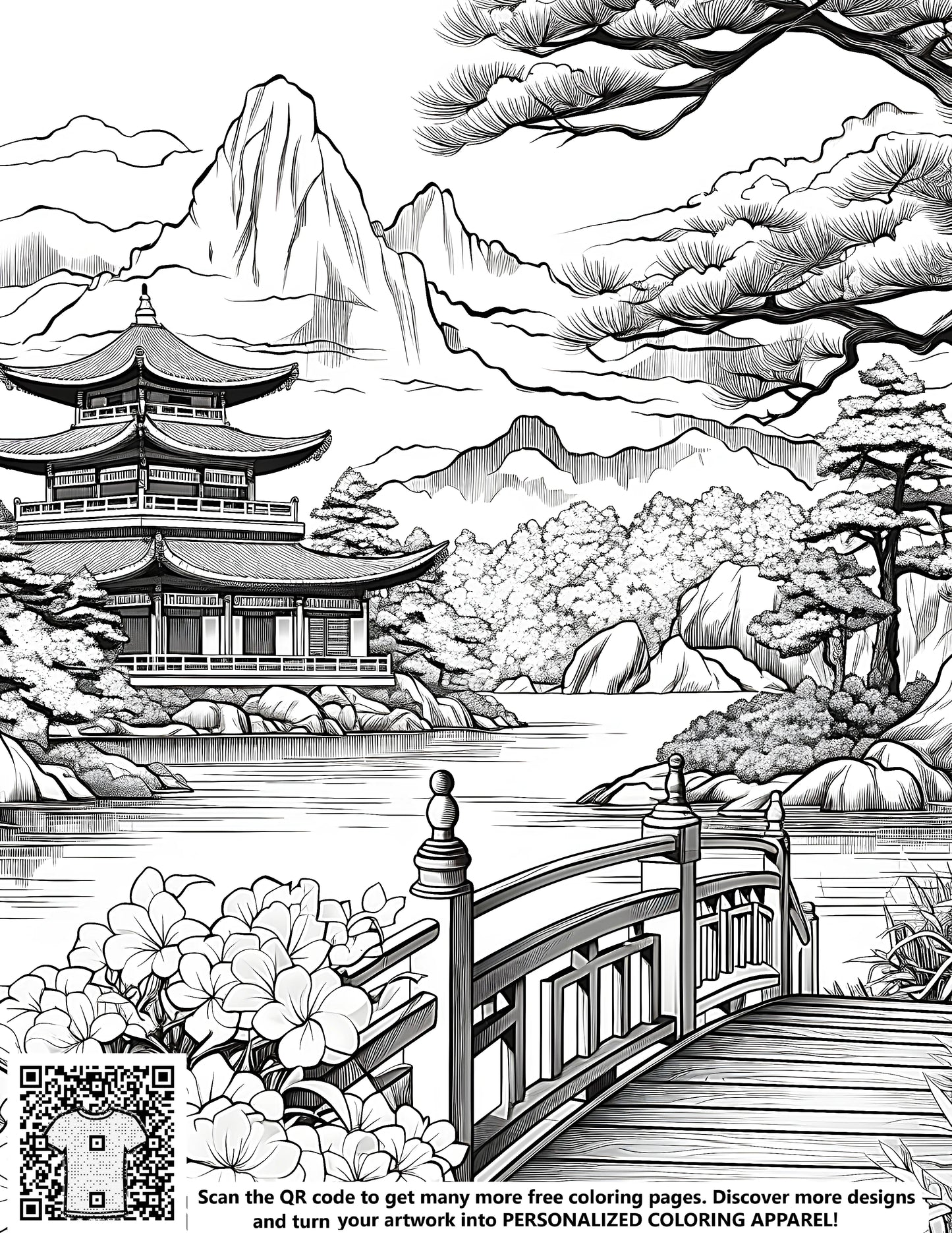 Coloring page featuring a serene Japanese zen garden design, perfect for relaxation and creativity. Includes a free coloring kit with 10 fabric markers.