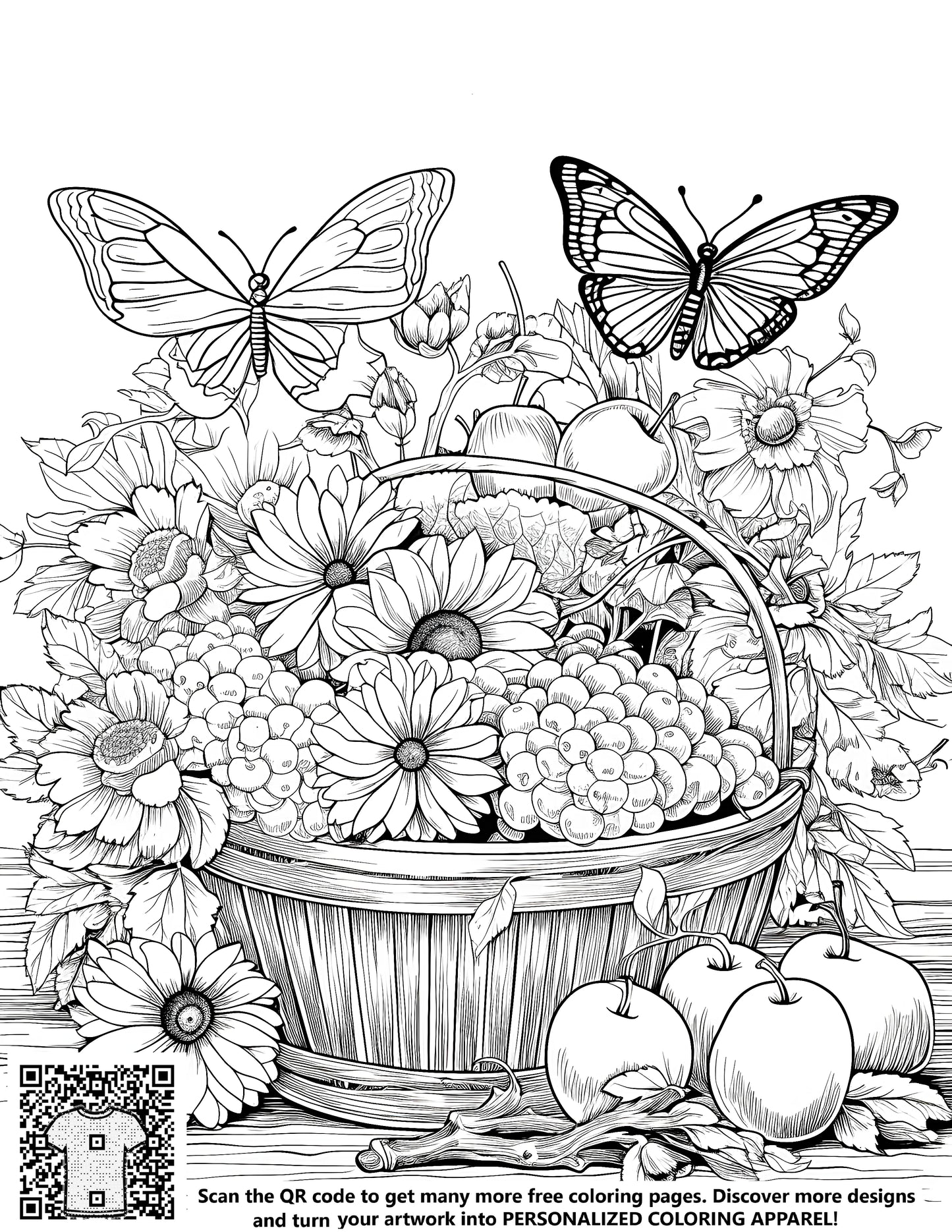 A beautiful black and white illustration of a basket filled with vibrant flowers, fruits, and colorful butterflies, perfect for coloring. Includes 10 fabric markers.