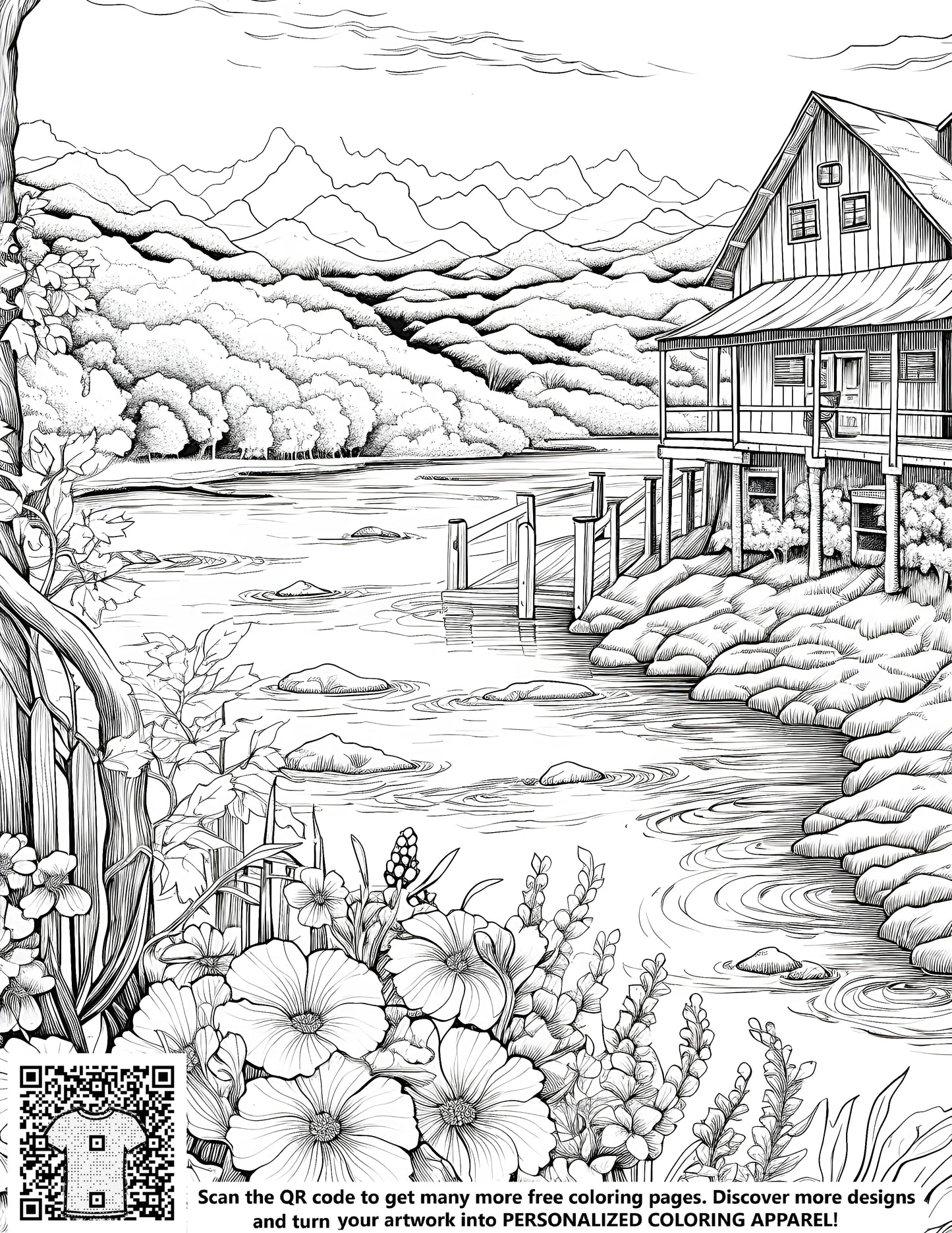 Coloring page illustration of lakeside cabin scene, mountain landscape, flowers and trees