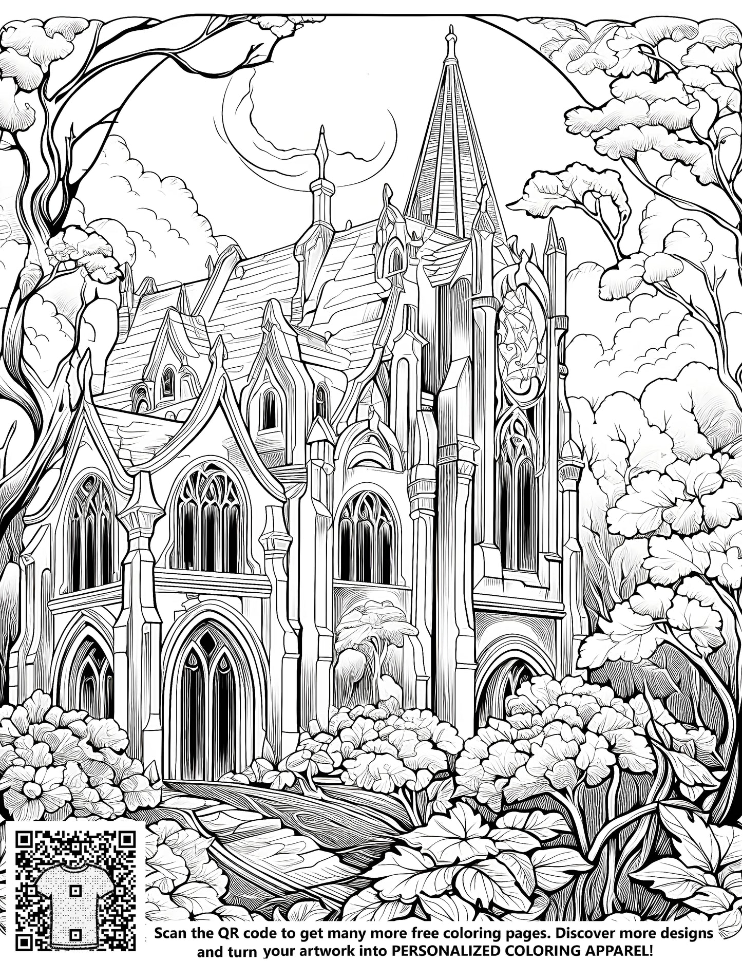 Free coloring page kit featuring a detailed black and white sketch of a medieval church, cathedral, abbey, or monastery with intricate architectural features, surrounded by lush trees and plants