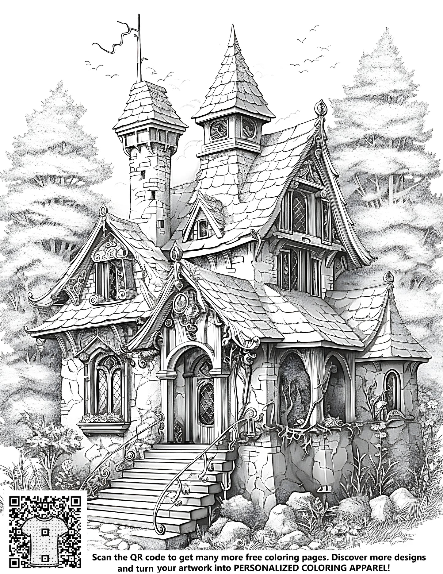 Free coloring page illustration of a whimsical mansion with towers and stone steps, surrounded by a serene forest landscape.