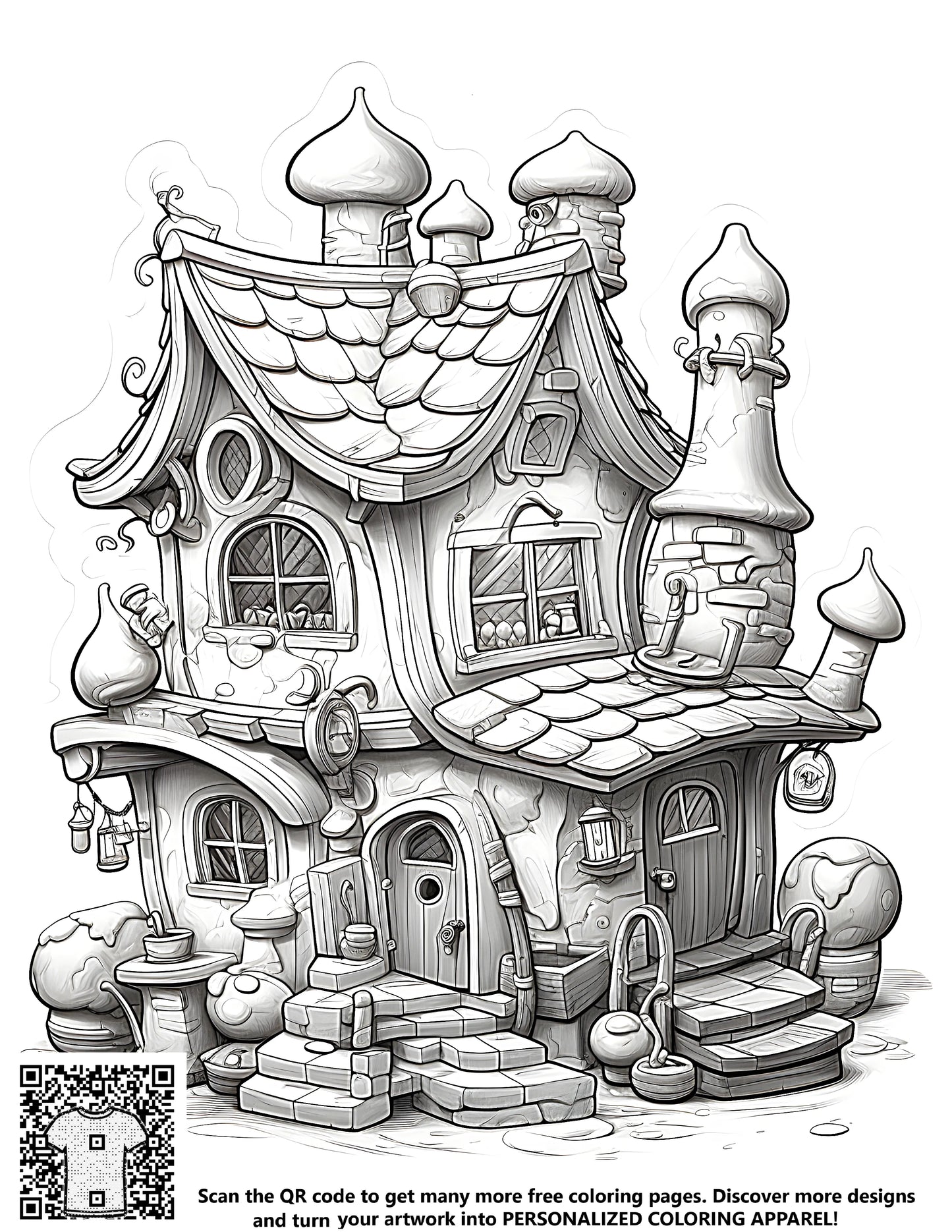 Whimsical fantasy mansion illustration free coloring page