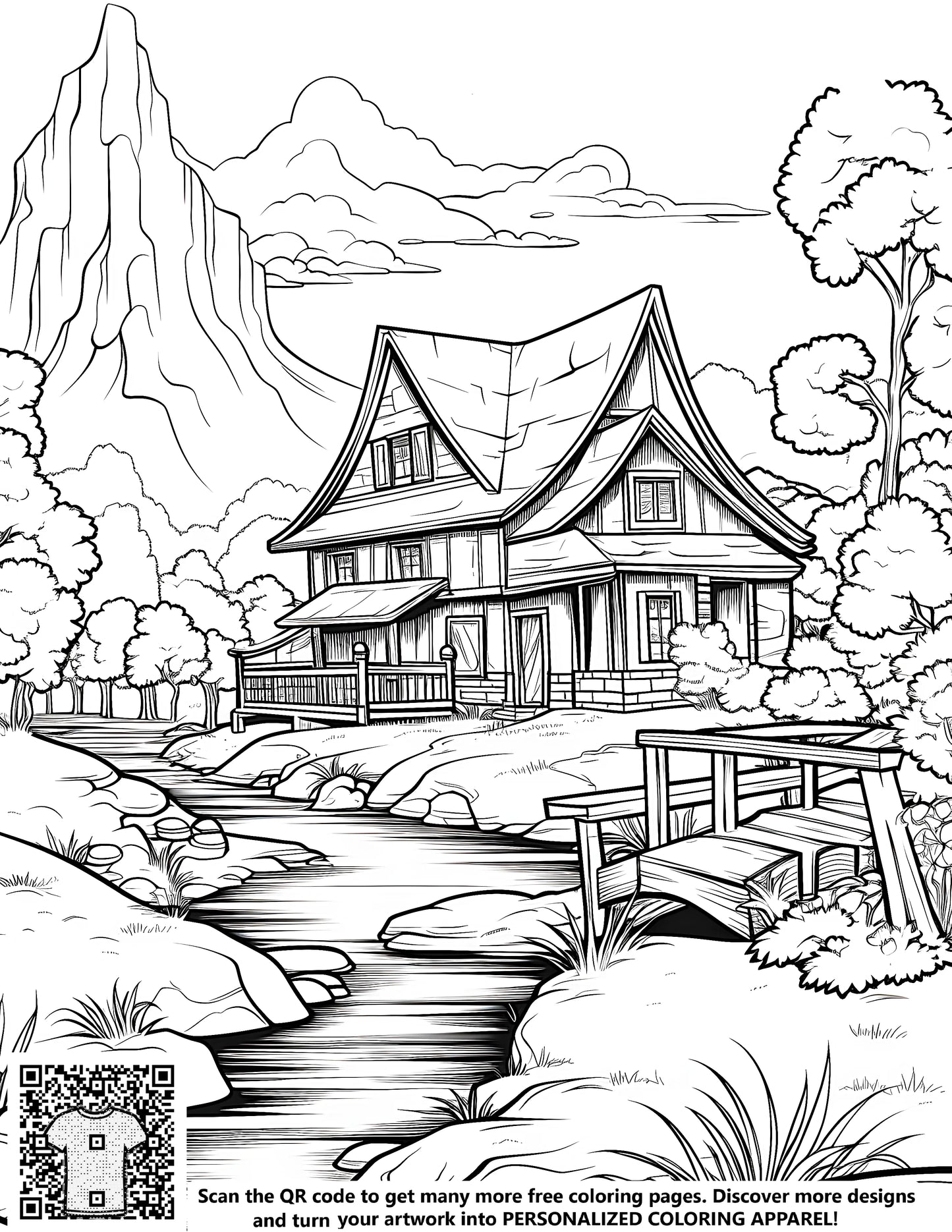 A beautifully detailed countryside landscape coloring page featuring a serene house, a gentle stream, a wooden bridge, and majestic mountains in the background. Perfect for adult coloring enthusiasts to relax and express their creativity.