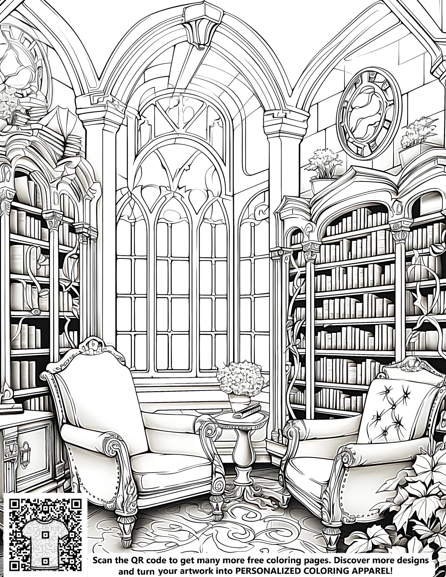 Free coloring page illustration of an ornate library reading room with detailed bookshelves, armchairs, plants, and arched windows. Perfect for kids' activity sheets or art projects.