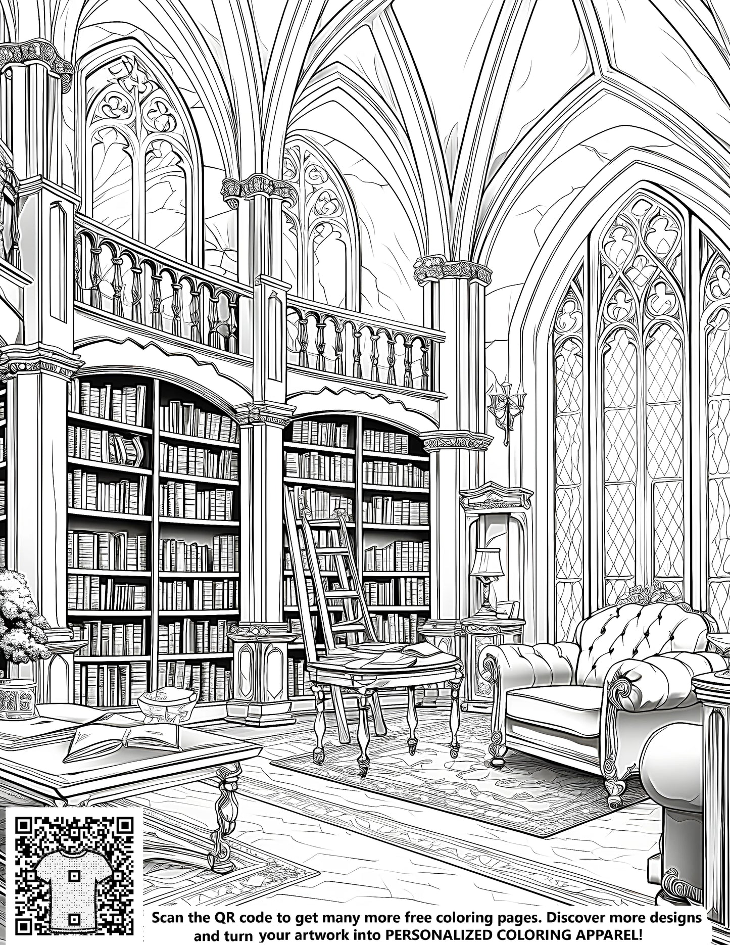 Detailed line drawing of a vintage study, antique library, or old classroom featuring tall bookshelves, a ladder, and classic furniture including an armchair and a table, free coloring page design