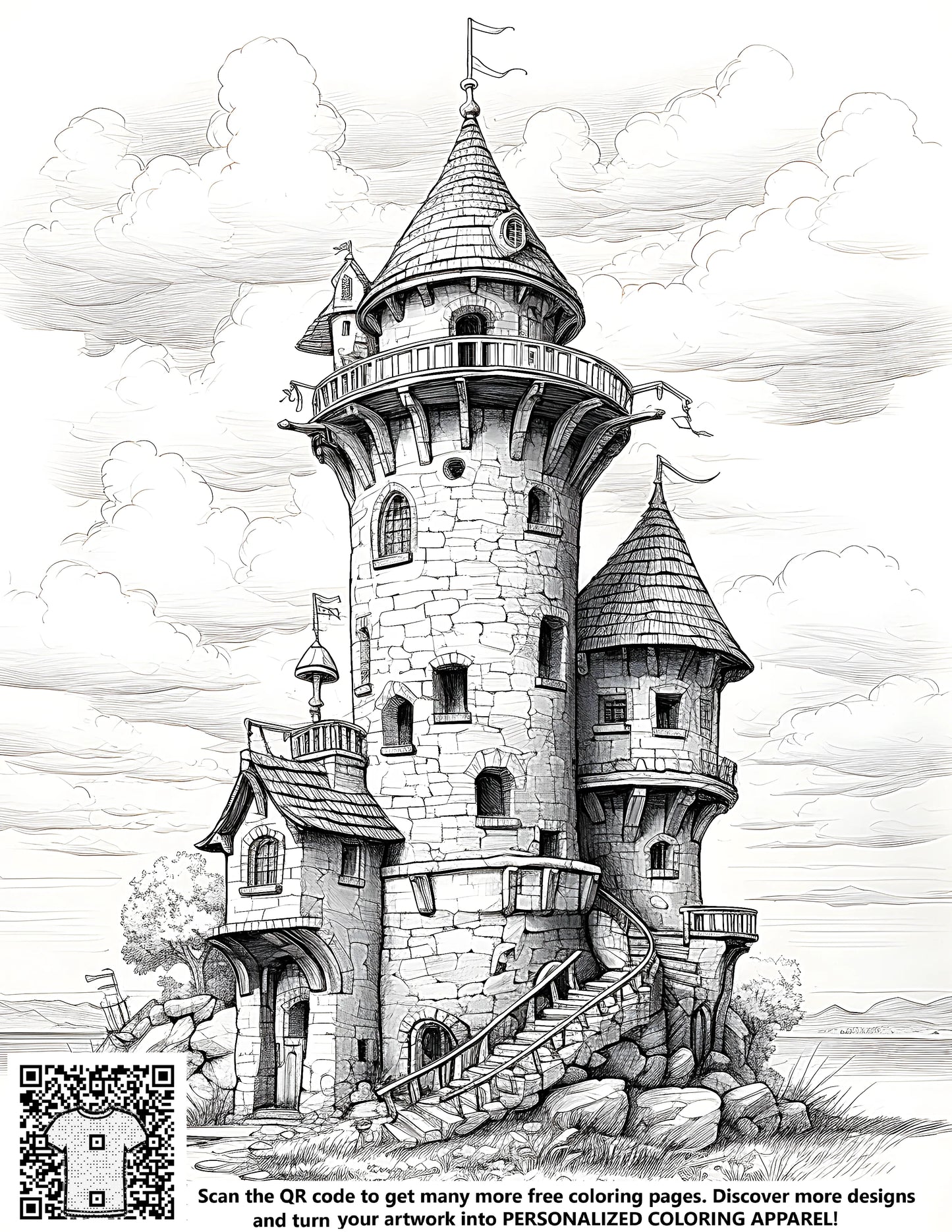 Medieval castle coloring page illustrations with towers, beautiful art prints for kids
