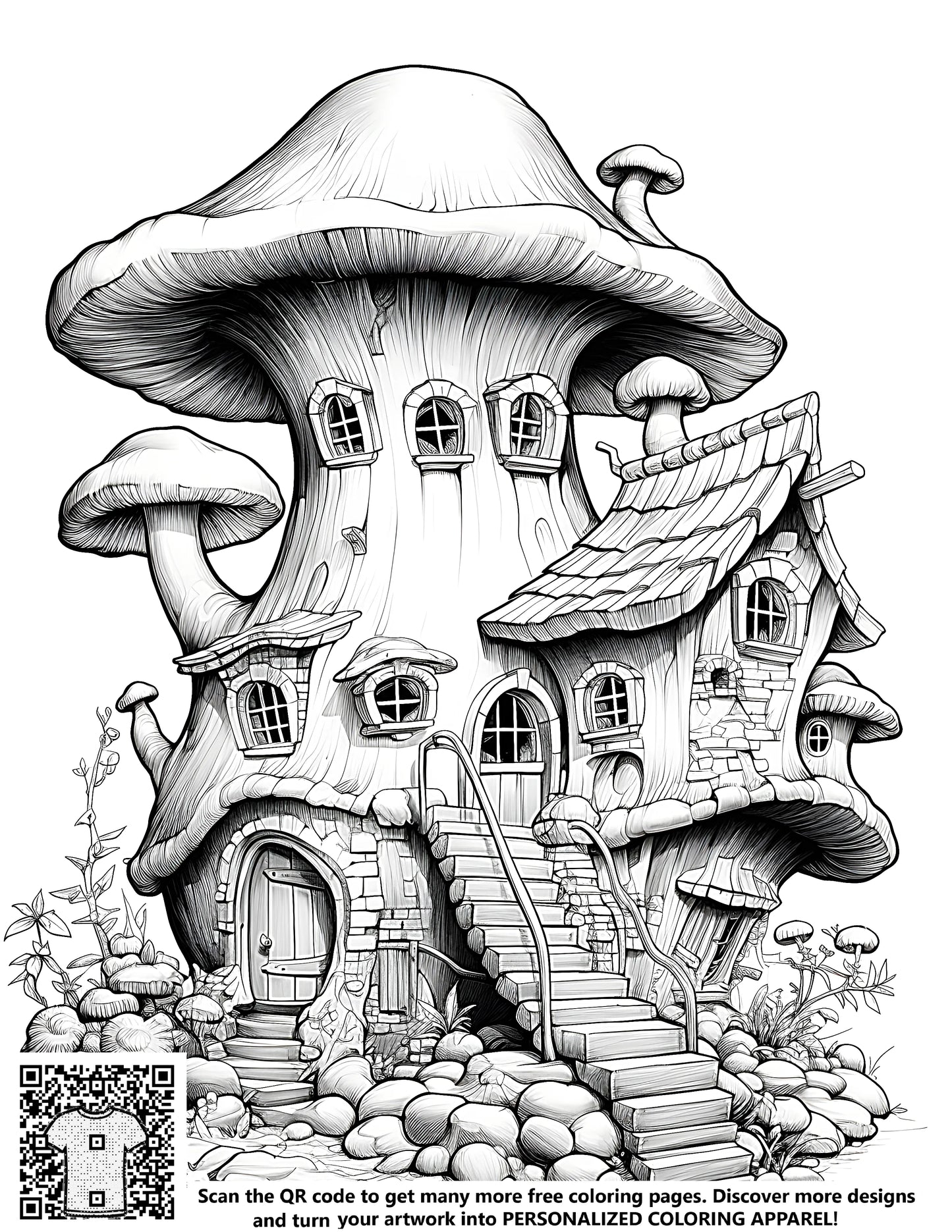 Whimsical mushroom-shaped house illustration, fantasy home decor design, free coloring page print