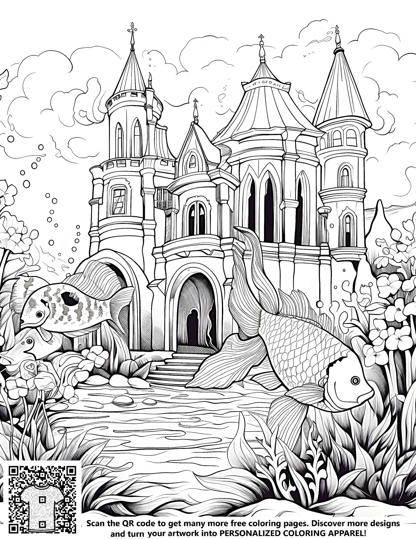 Detailed castle illustration surrounded by flowers, foliage and fish swimming in a pond, perfect for a free coloring page