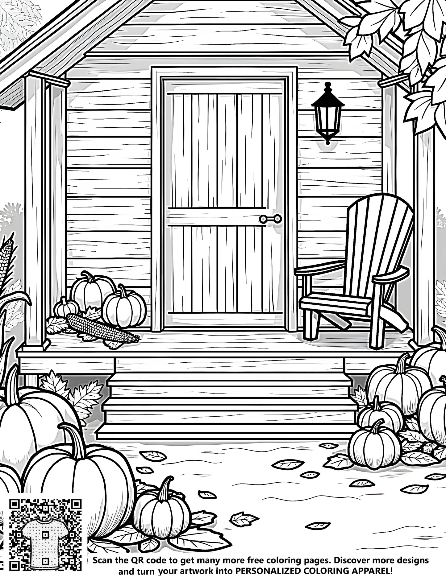 Free coloring page kit featuring a serene country cottage porch scene with pumpkins and foliage