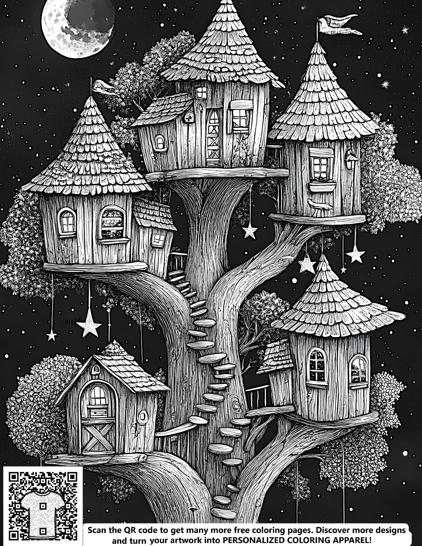 Whimsical treehouses, cabin, lodge illustrations on free coloring page with fabric markers