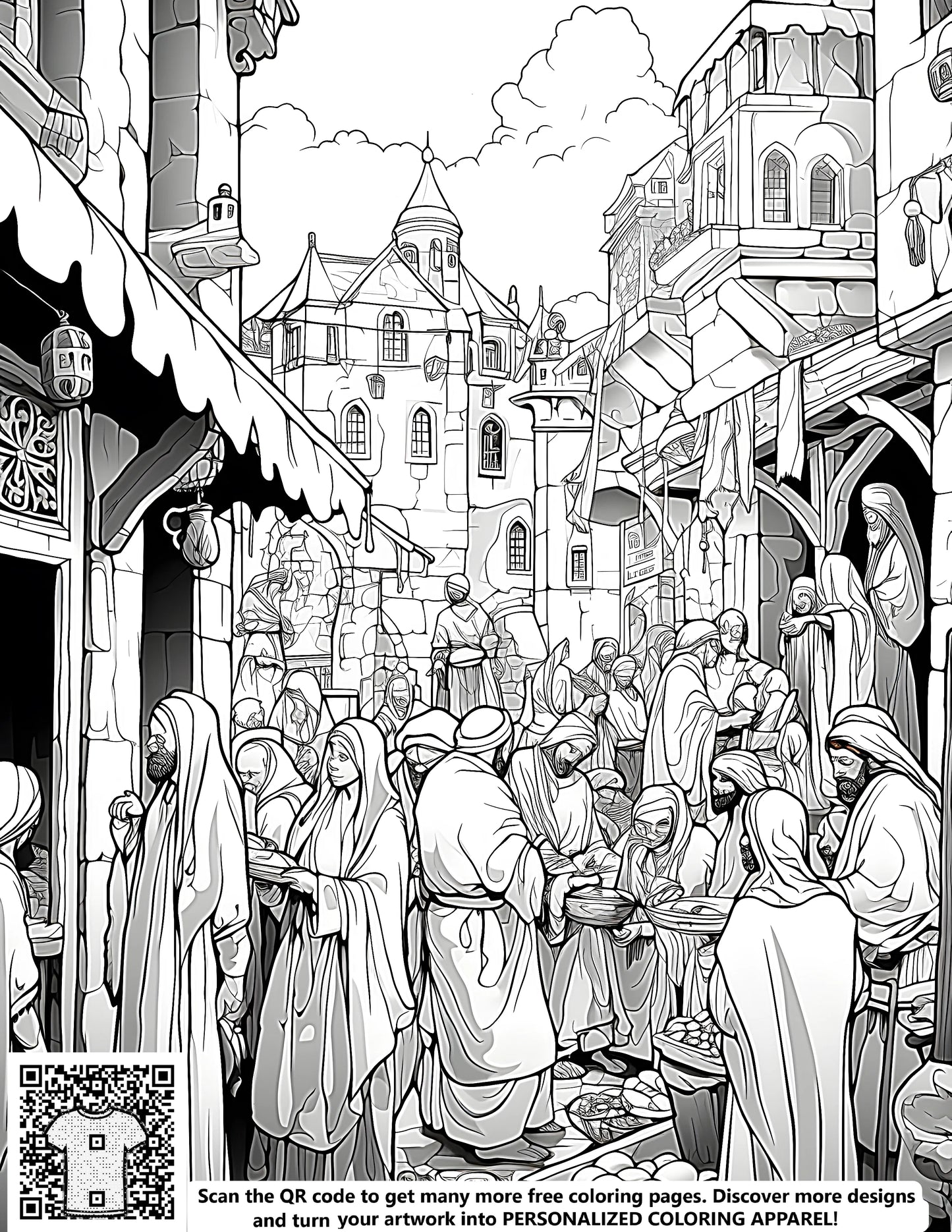 Historical village scene coloring page with free coloring kit and fabric markers