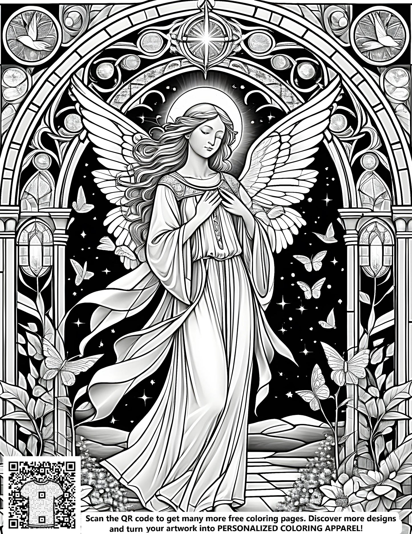 Stained glass art, free coloring pages, stained glass style coloring book, angelic figure with wings, butterflies and floral elements, starry background
