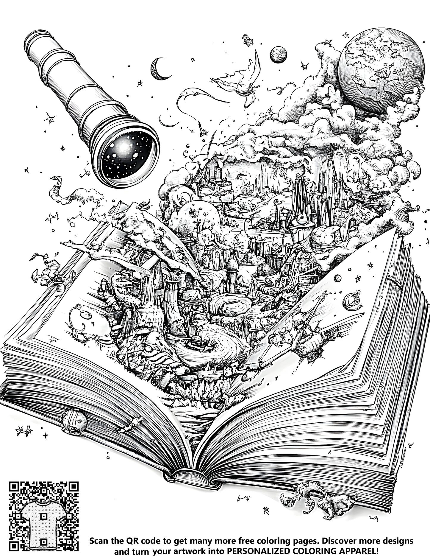 Free coloring page art kit with 10 fabric markers for kids and adults featuring an imaginative, whimsical world scene with fantastical elements