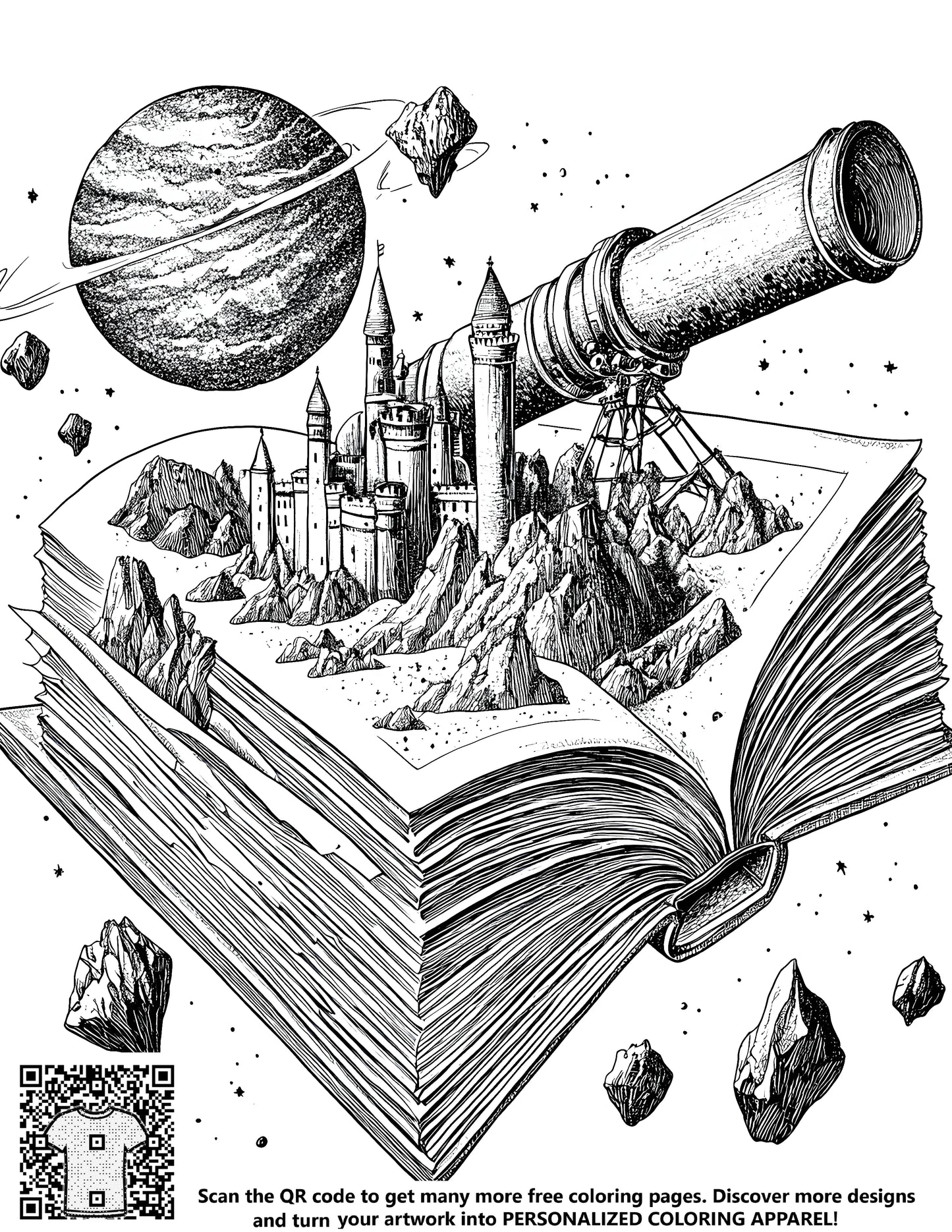 Coloring pages of castles in space, cosmic fortresses, starry skies, and fantasy astronomy illustrations