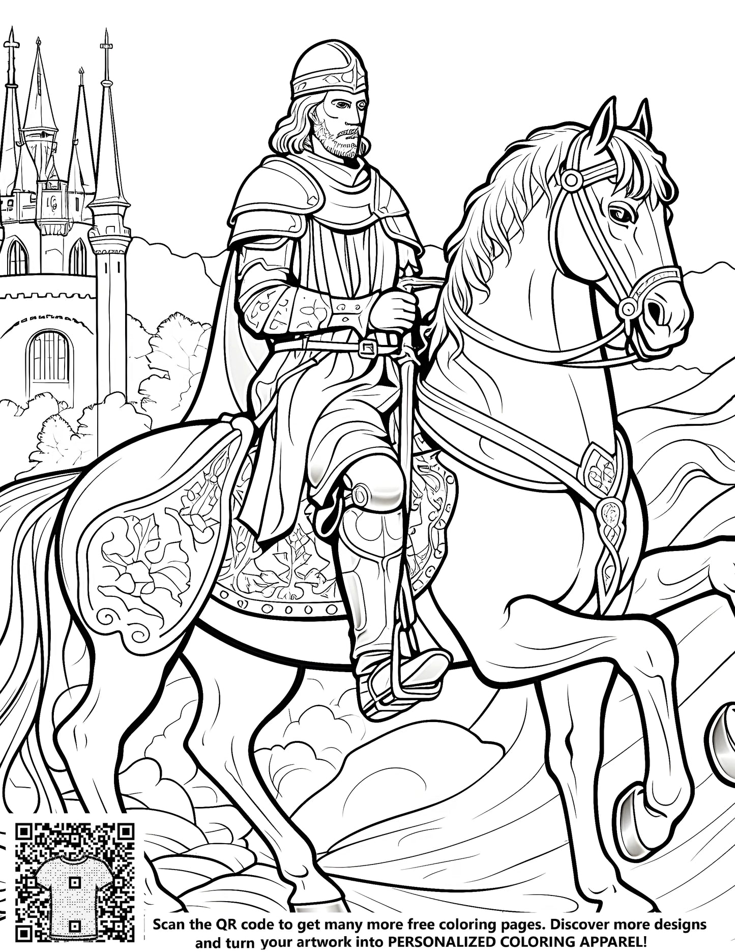 Free coloring page of knight in armor riding horse with intricate saddle and castle background