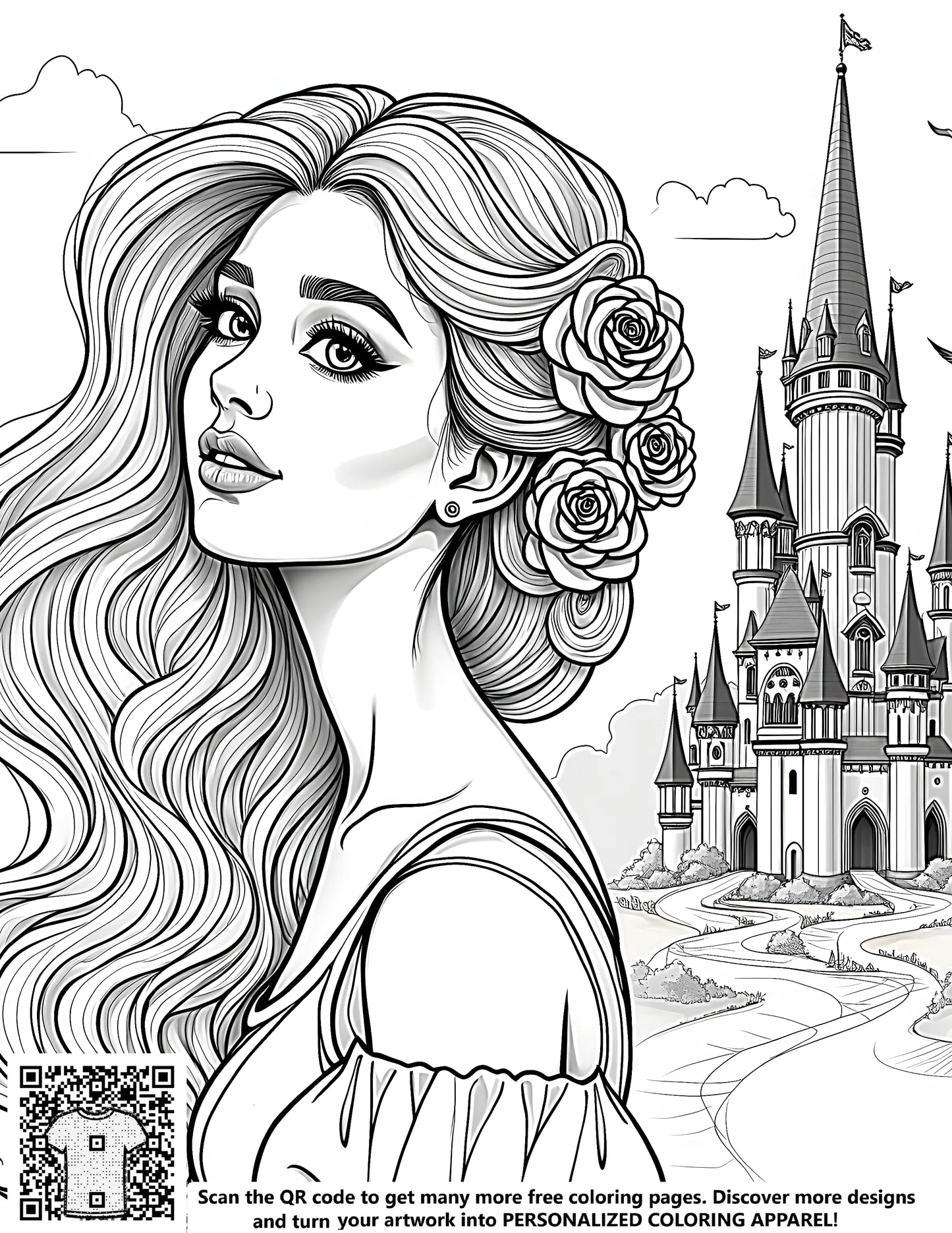 Stunning princess illustration with flowing hair adorned with roses poses before an enchanting castle background, free coloring page with fabric markers, royalty and medieval theme, girl's fantasy world