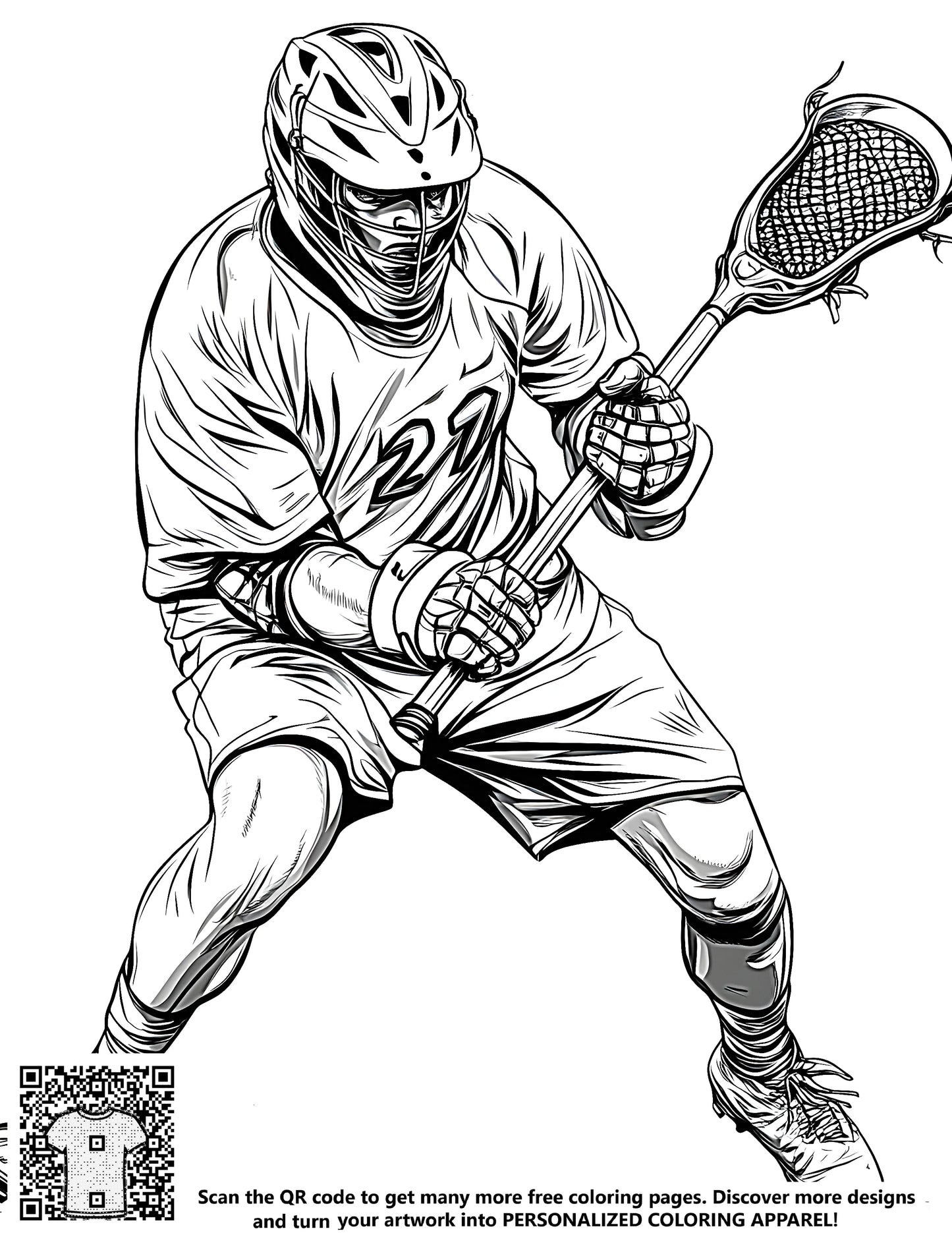 Coloring page of a lacrosse player in action pose, free coloring kit with markers