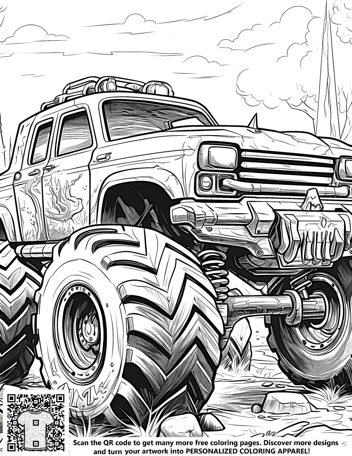 Detailed free coloring page of big rig semi-truck on rough terrain