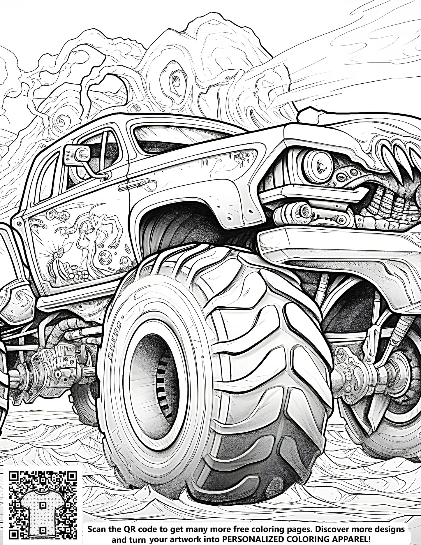 Detailed black and white drawing of a monster truck toy, free coloring page for kids