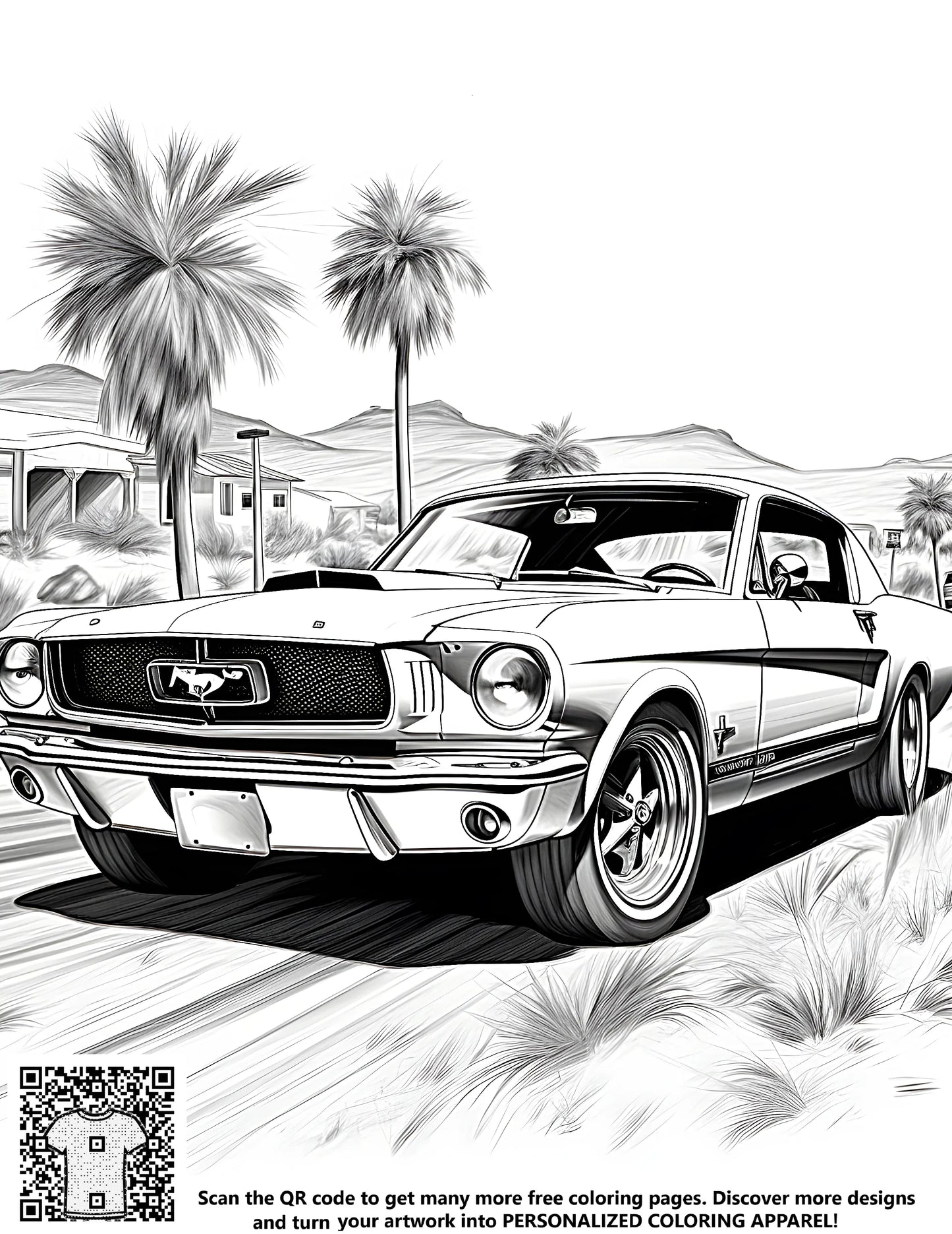 A vintage automobile illustration of a Mustang car driving on a desert road with palm trees and a free coloring page for kids