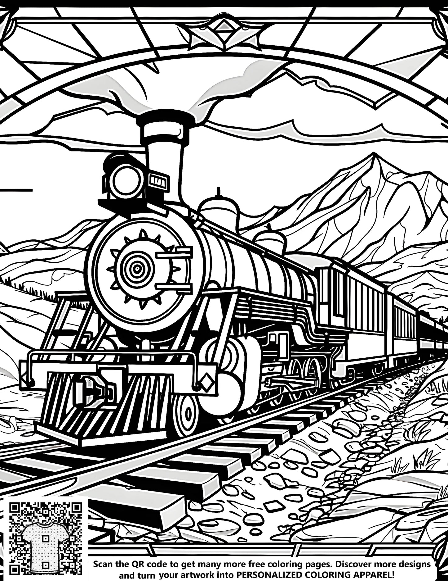 Free coloring page of a steam engine train with mountains and stained glass-style border, perfect for kids and adults alike.
