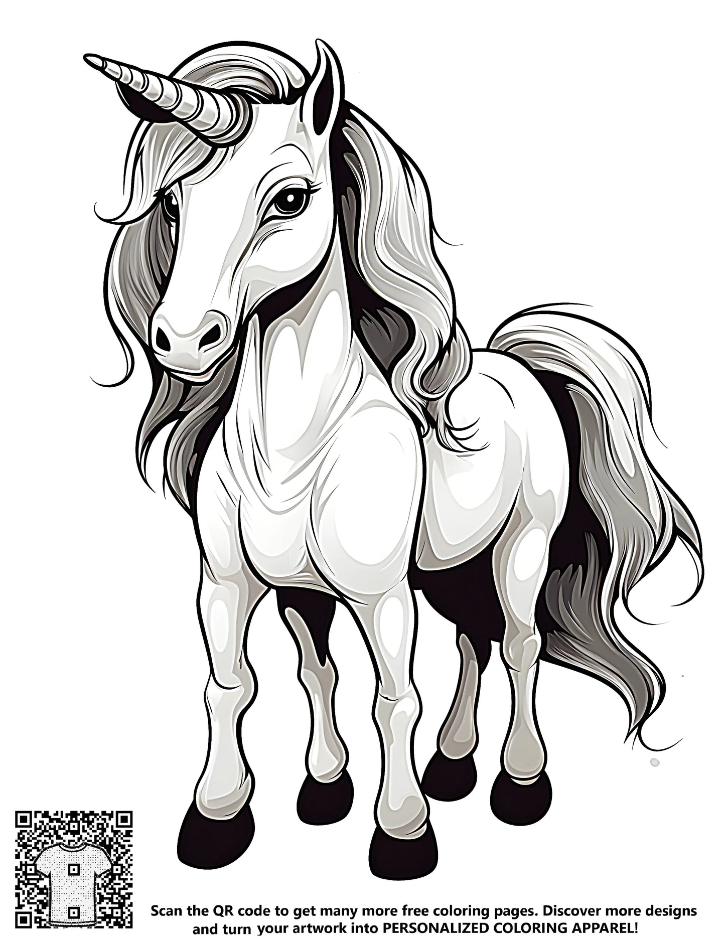 Majestic horse with a flowing mane and tail coloring page art, featuring mythical magical creatures for kids