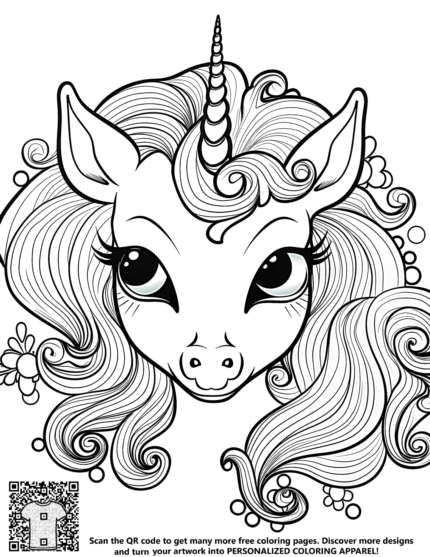 Colouring book page of cute unicorn's head, fabric marker drawing