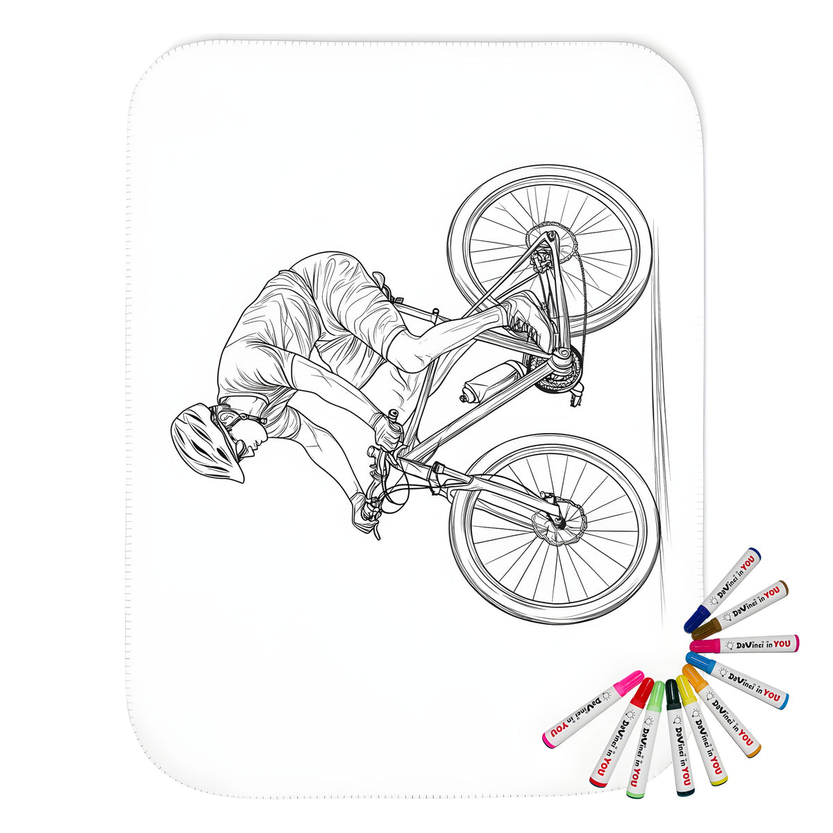 Cozy blanket featuring an intricate drawing of a person on a bike, detailed helmet and cycling gear