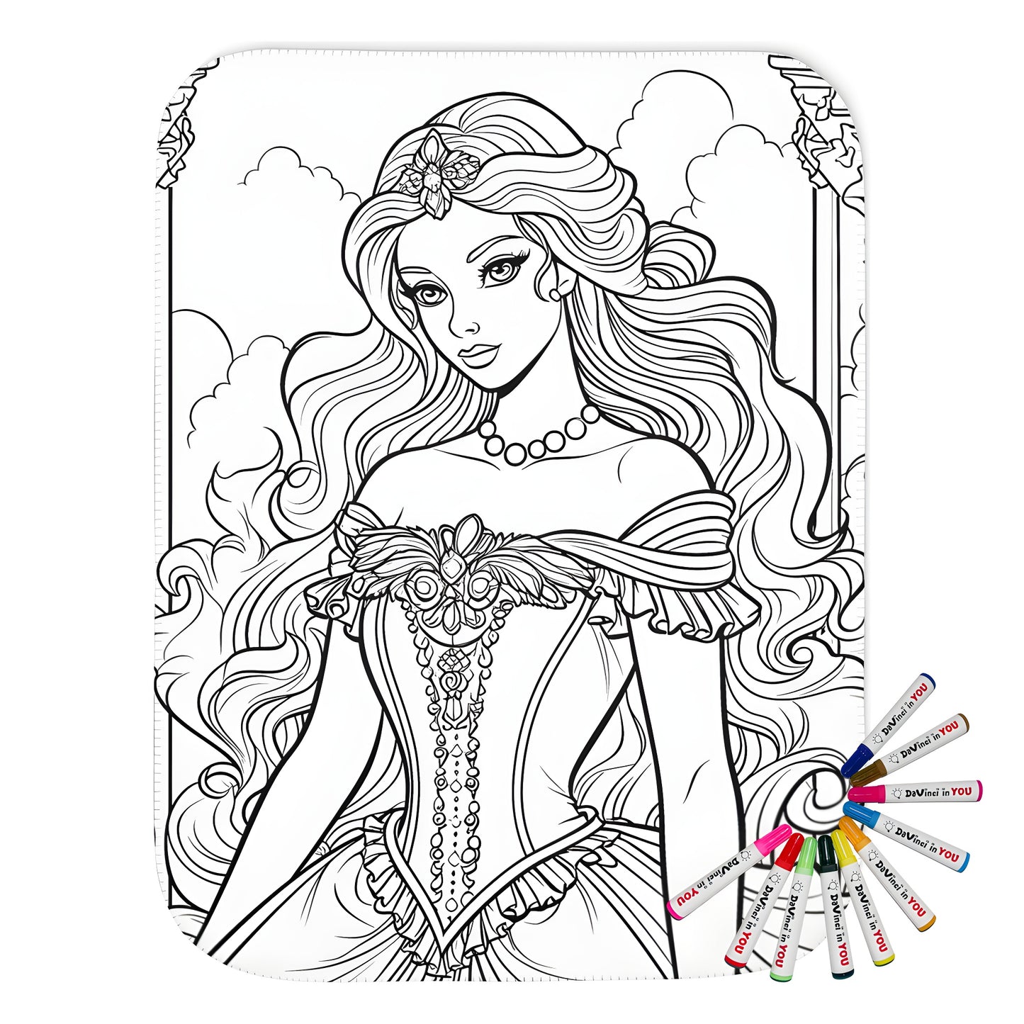 Blanket featuring detailed line art of a princess design with gown flowing hair and columns