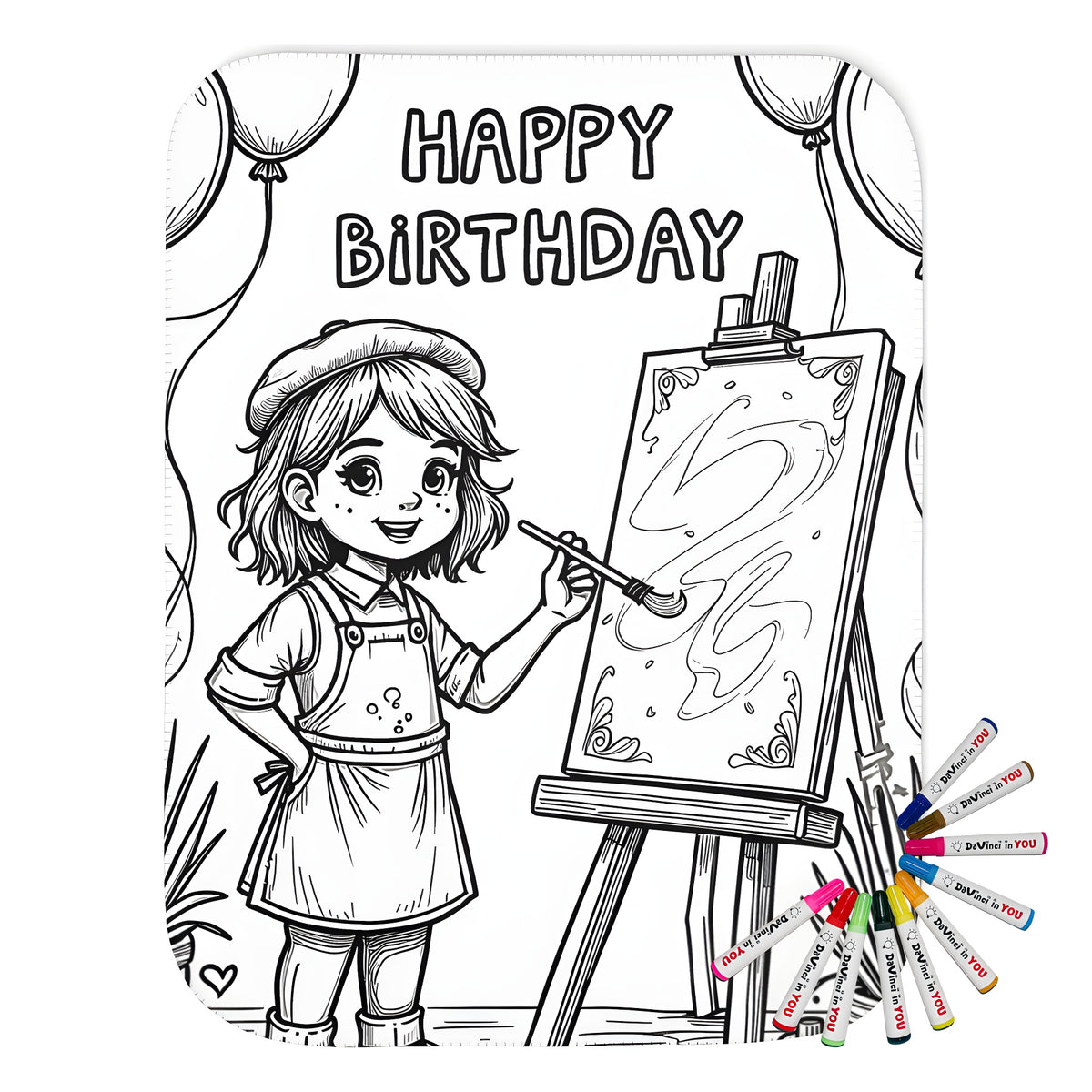 Colorful blanket featuring a joyful child artist painting on canvas with balloons and art supplies, surrounded by 'Happy Birthday' text above.