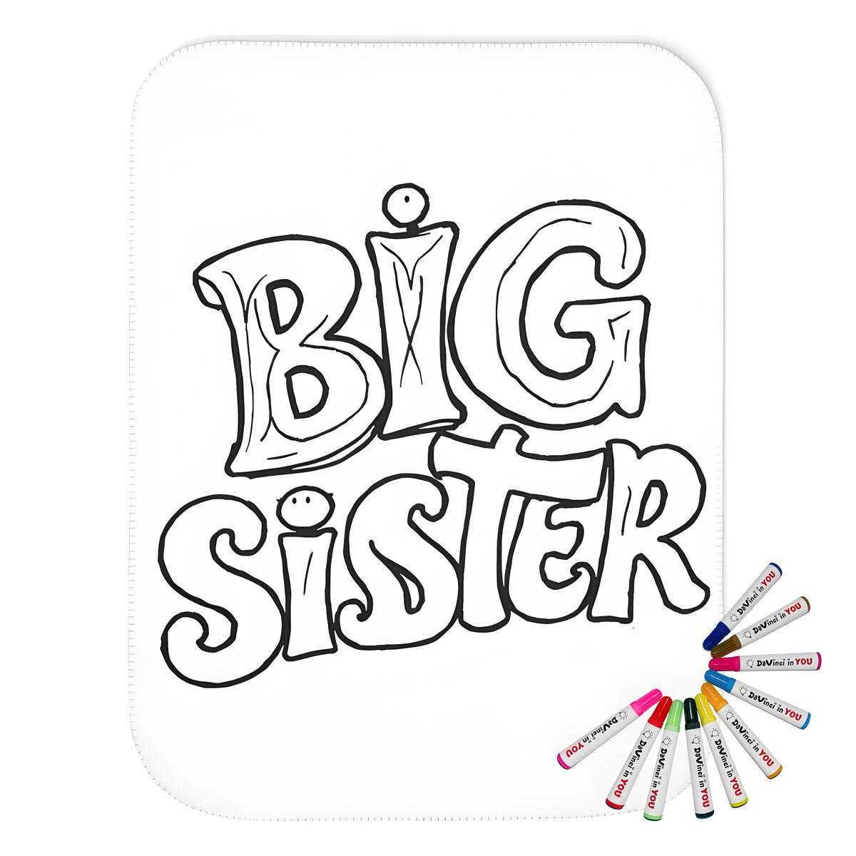 Blanket with sibling design featuring big sister phrase for kids' coloring kits and fabric markers