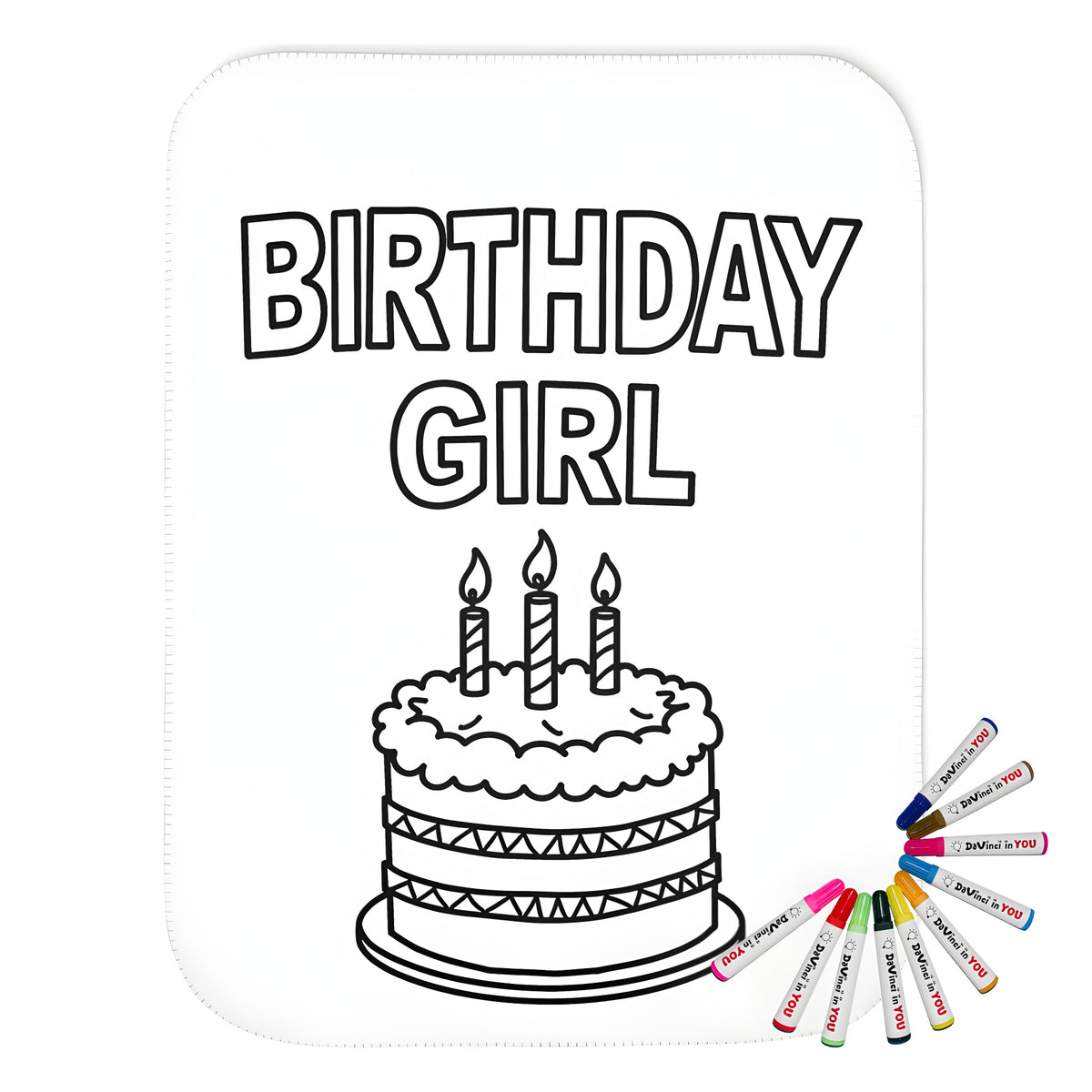Blanket with birthday girl theme featuring simple line drawing of cake and candles