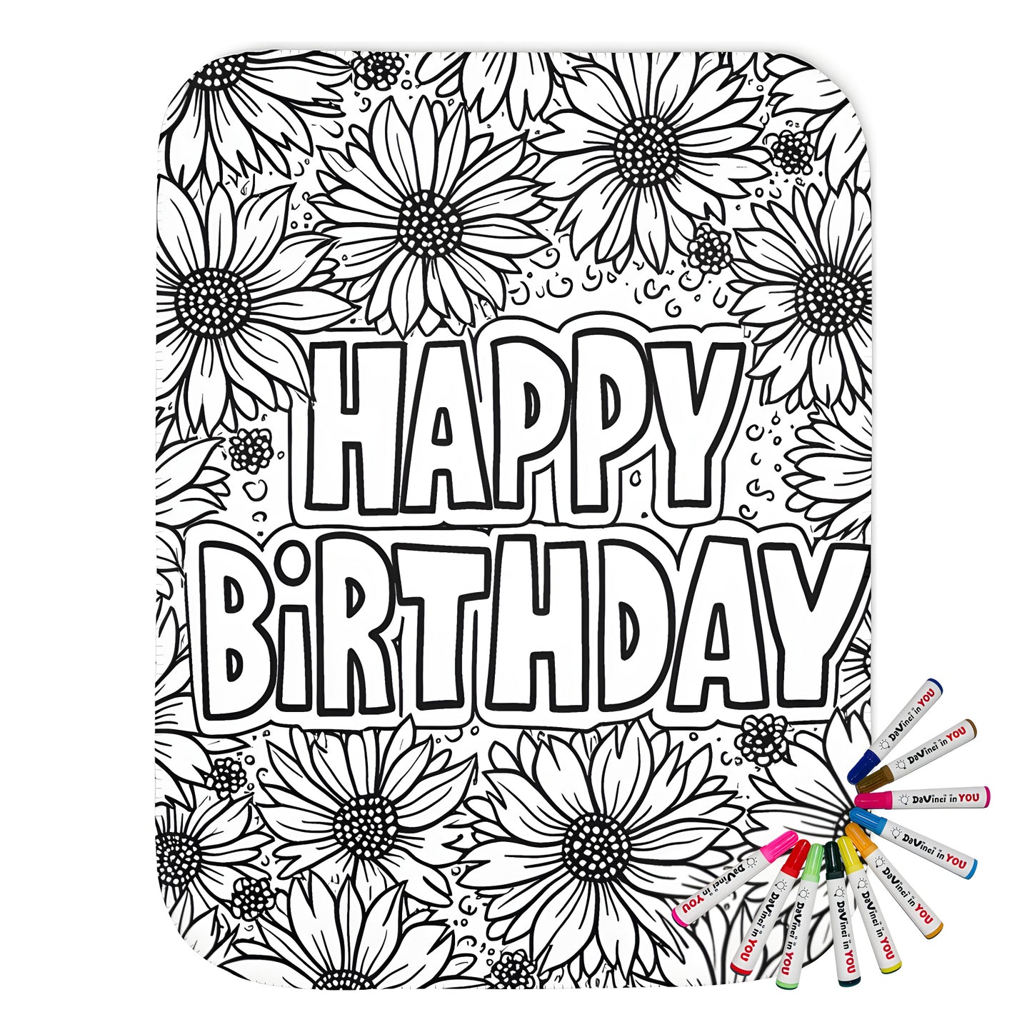 Birthday greeting blanket featuring large daisies and floral designs for happy birthday celebration with friends and family